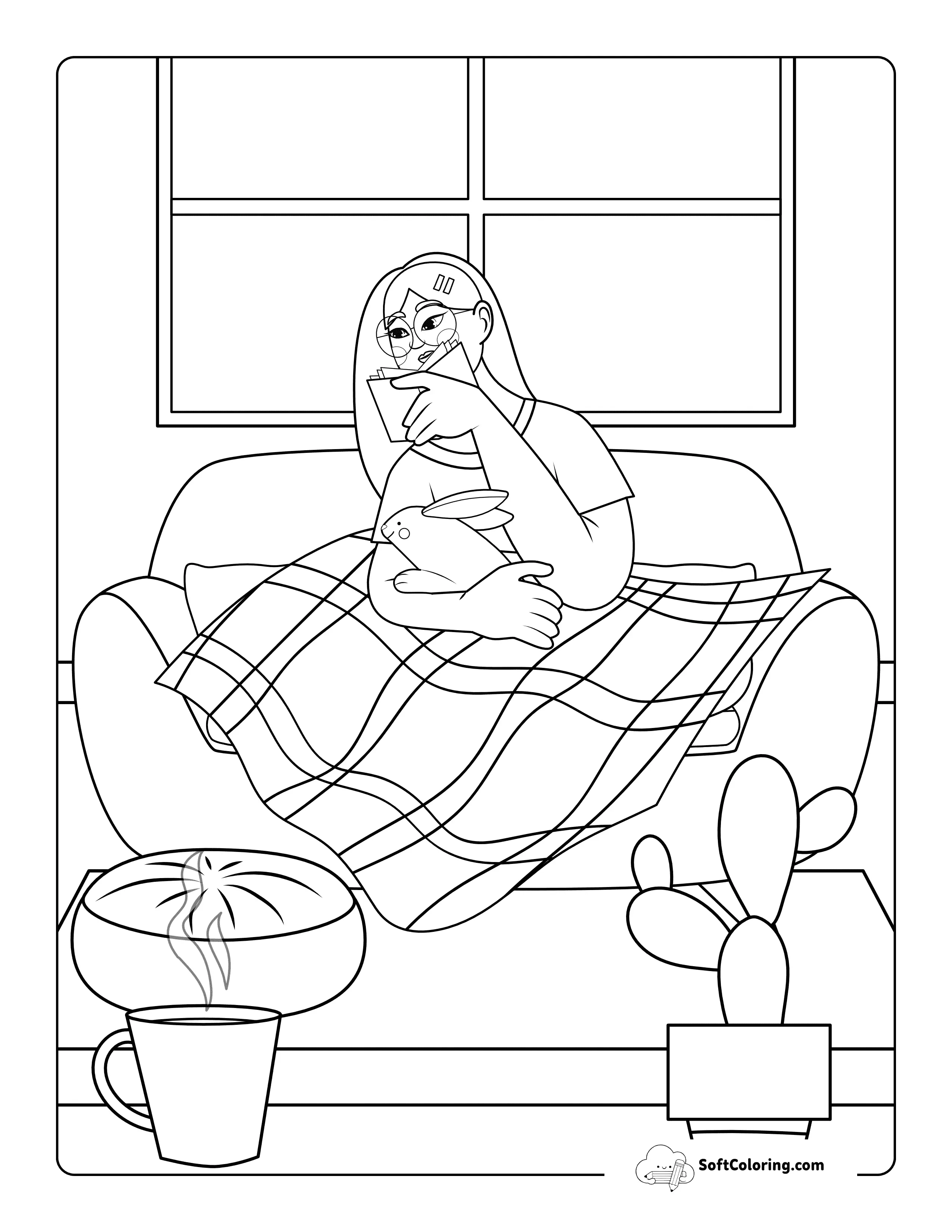 Aesthetic Indoor Pet Bunny Coloring Sheet Printable