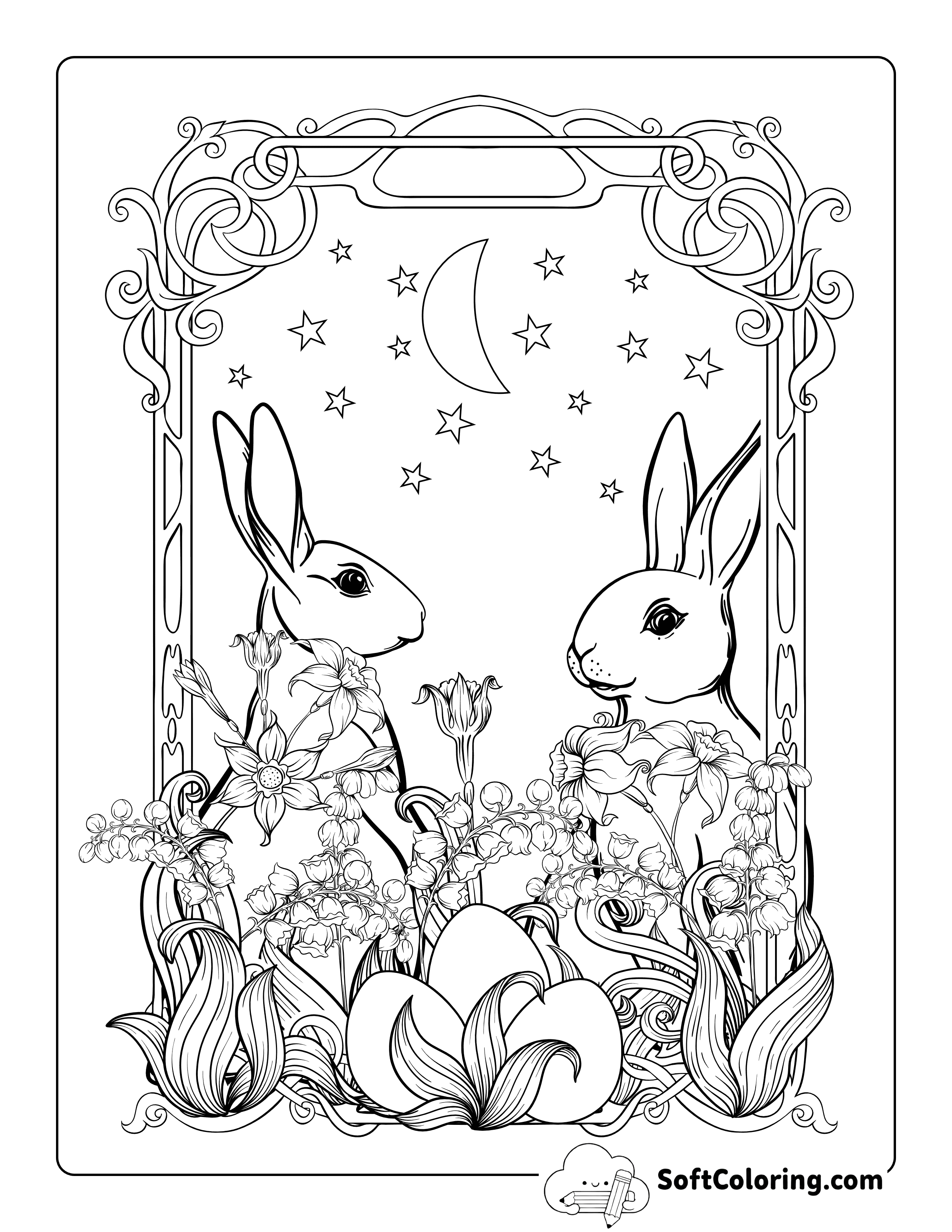Elegant Bunny Rabbit Coloring Sheet for Adults