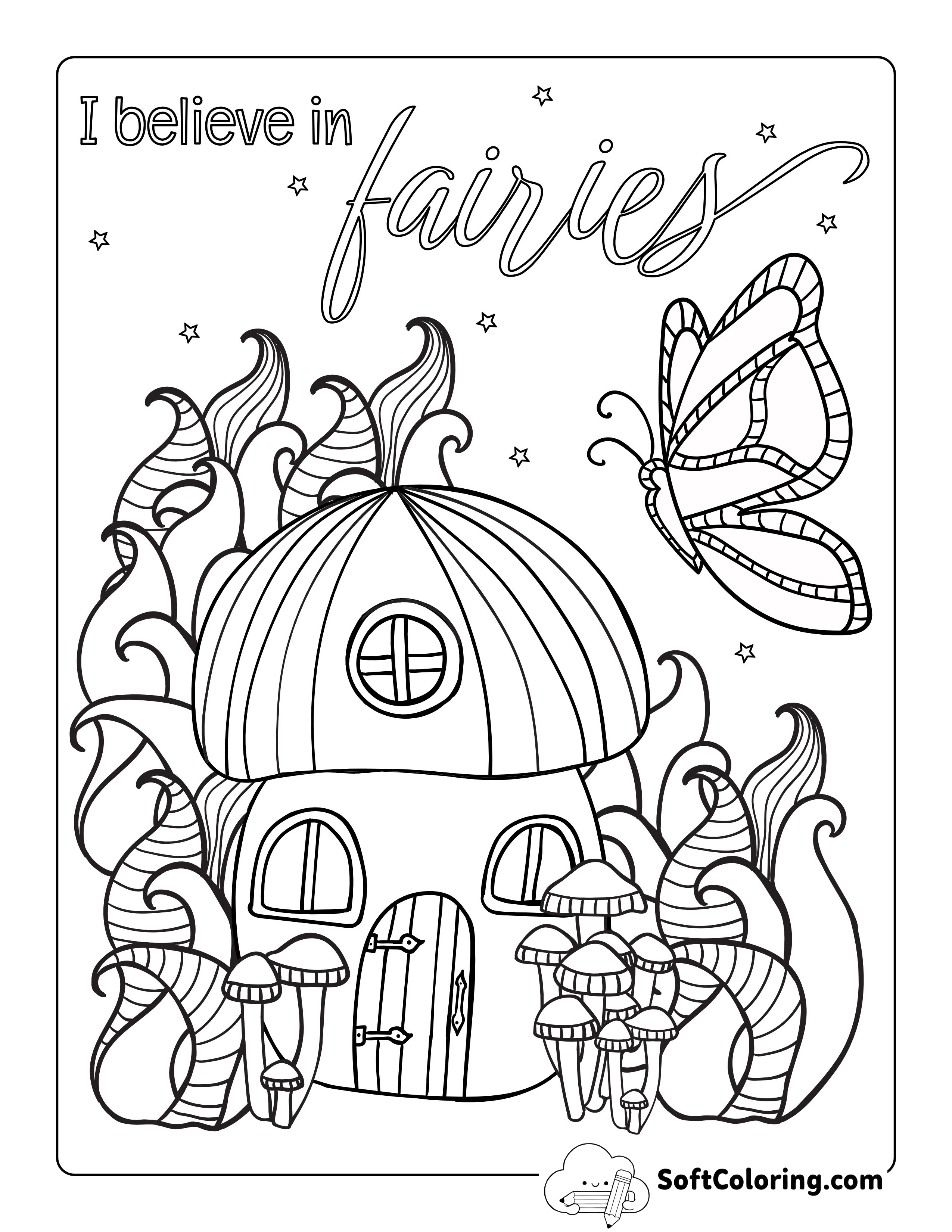 Butterfly and Fairy House Coloring Sheet