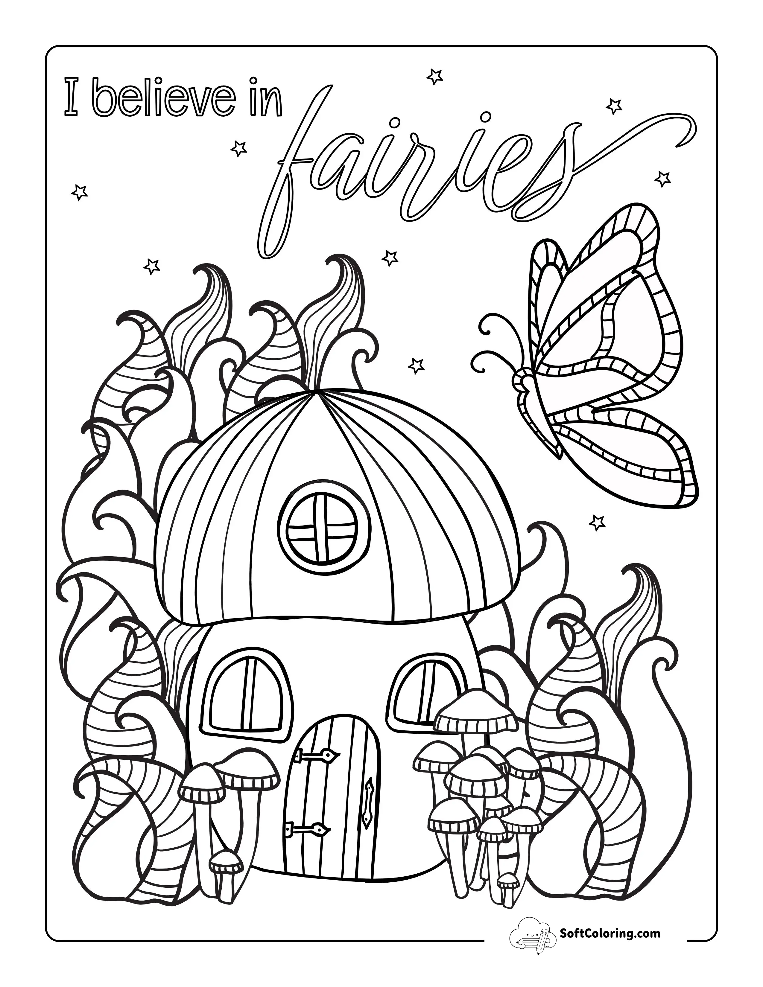 Butterfly And Fairy House Coloring Sheet