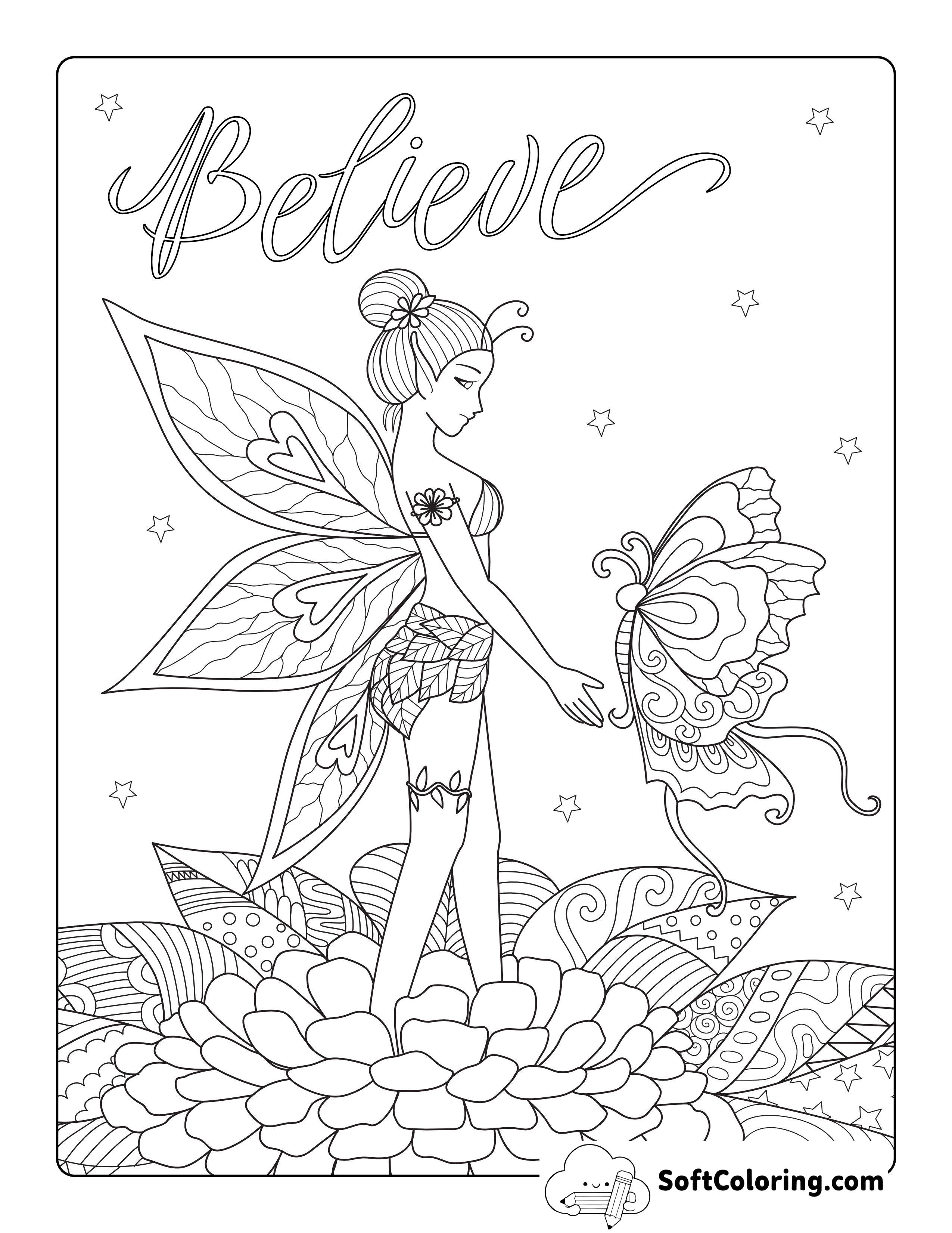 Beautiful Fairy with Butterfly Forest Coloring Page