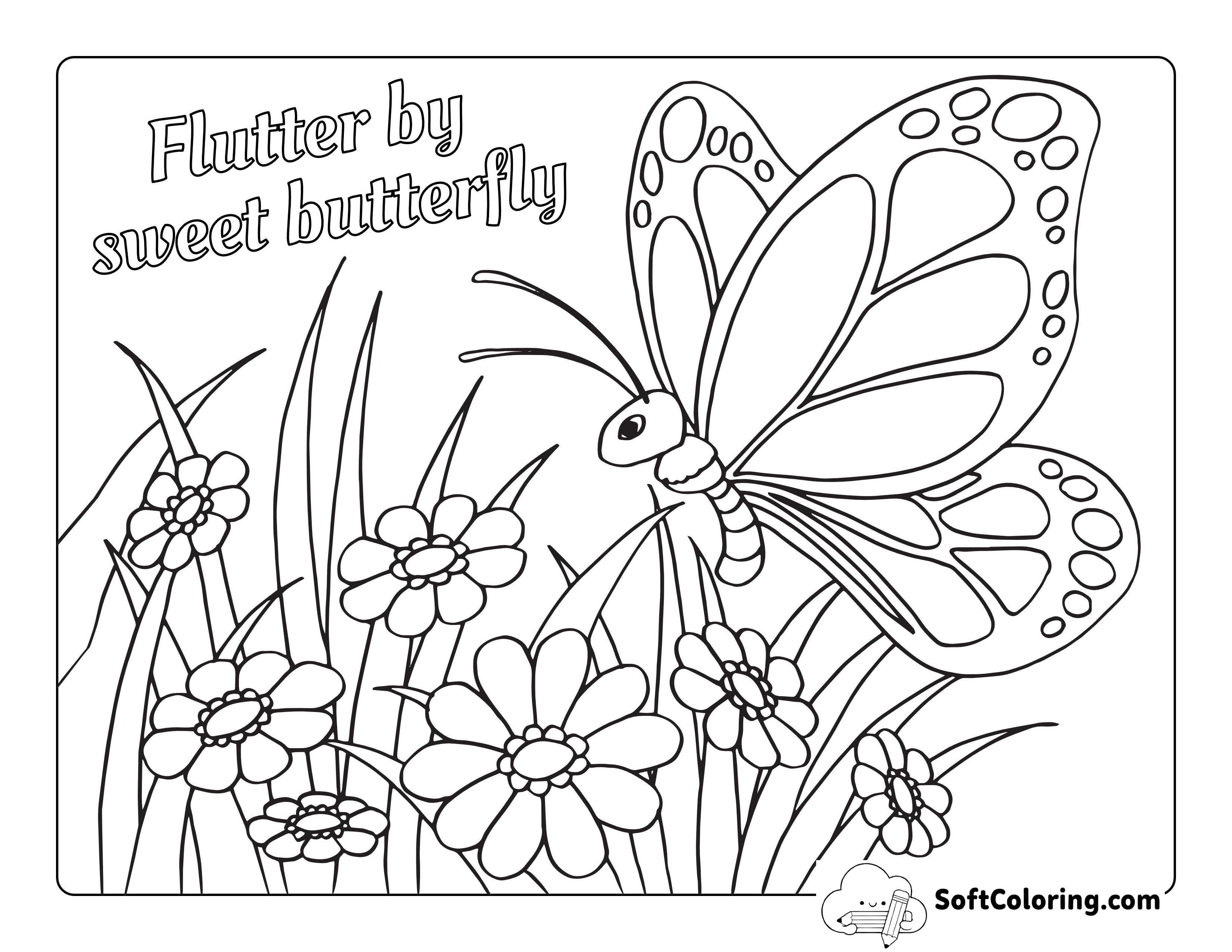Butterfly in the Flowers Coloring Sheet for Kids