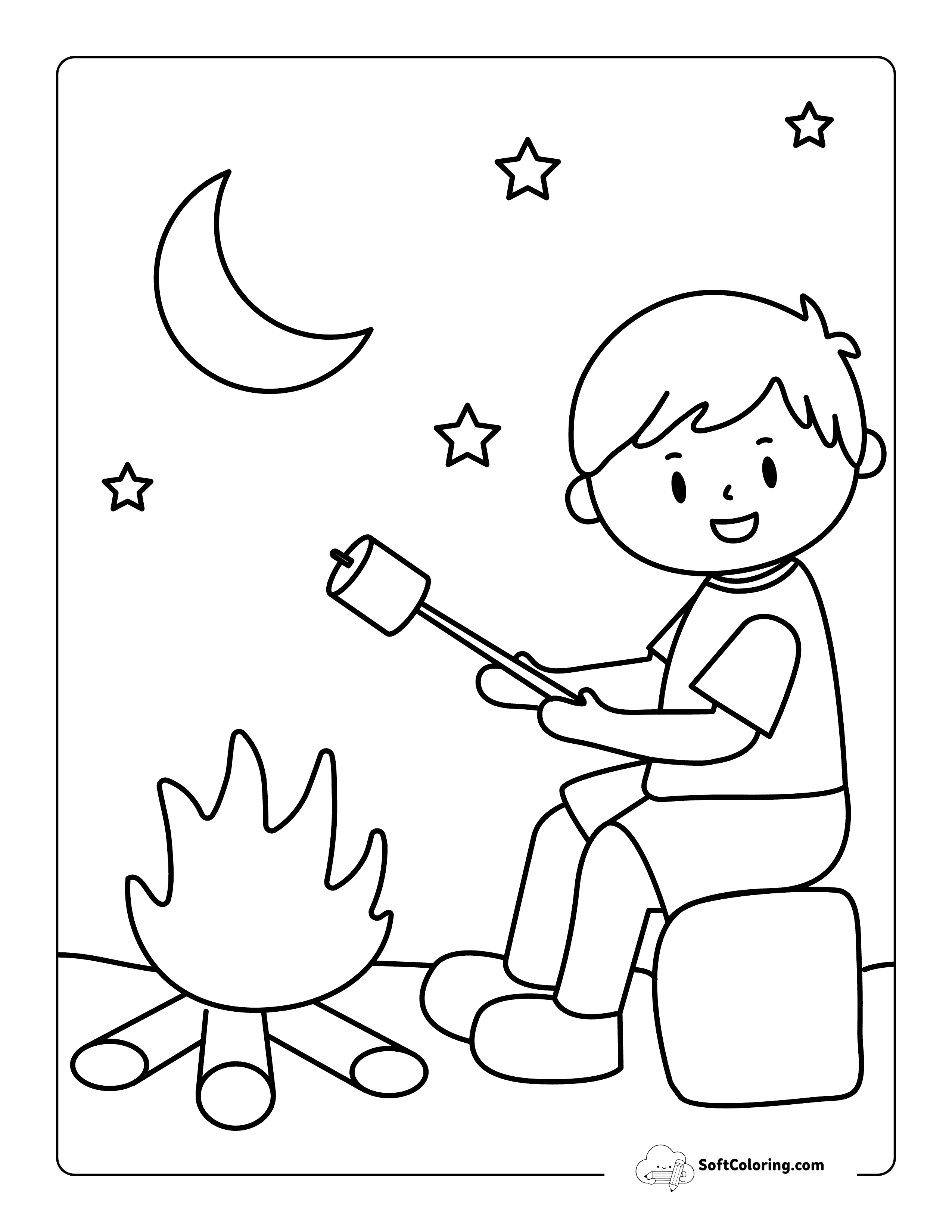 Boy Making A S'more Over A Campfire Easy Camping Coloring Page