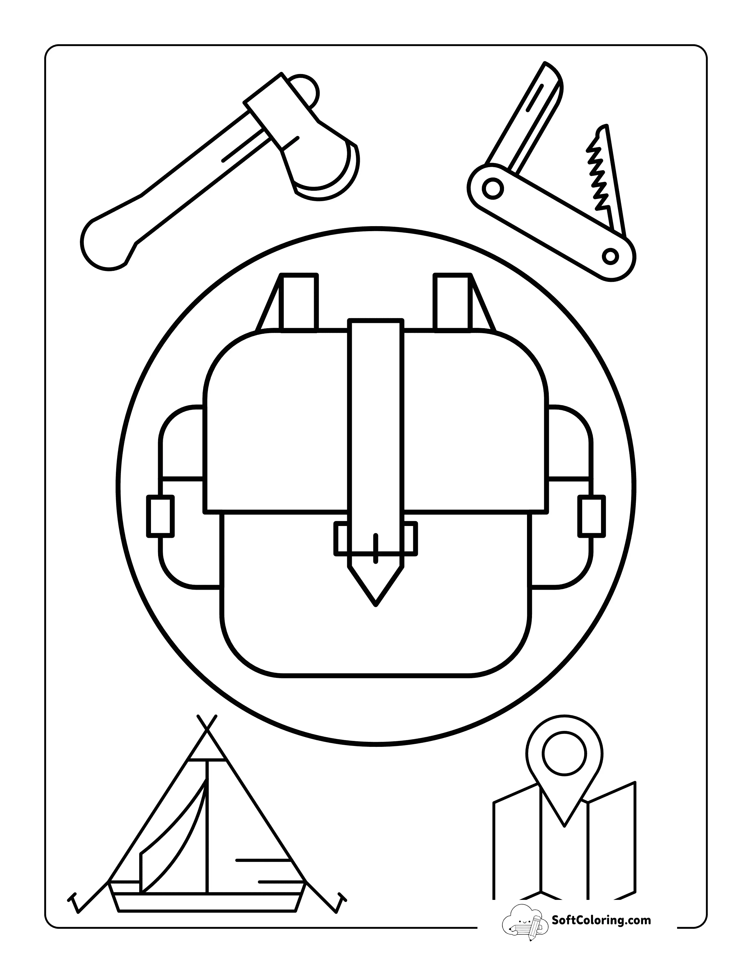 Easy Camping Backpack And Equipment To Color For Preschool