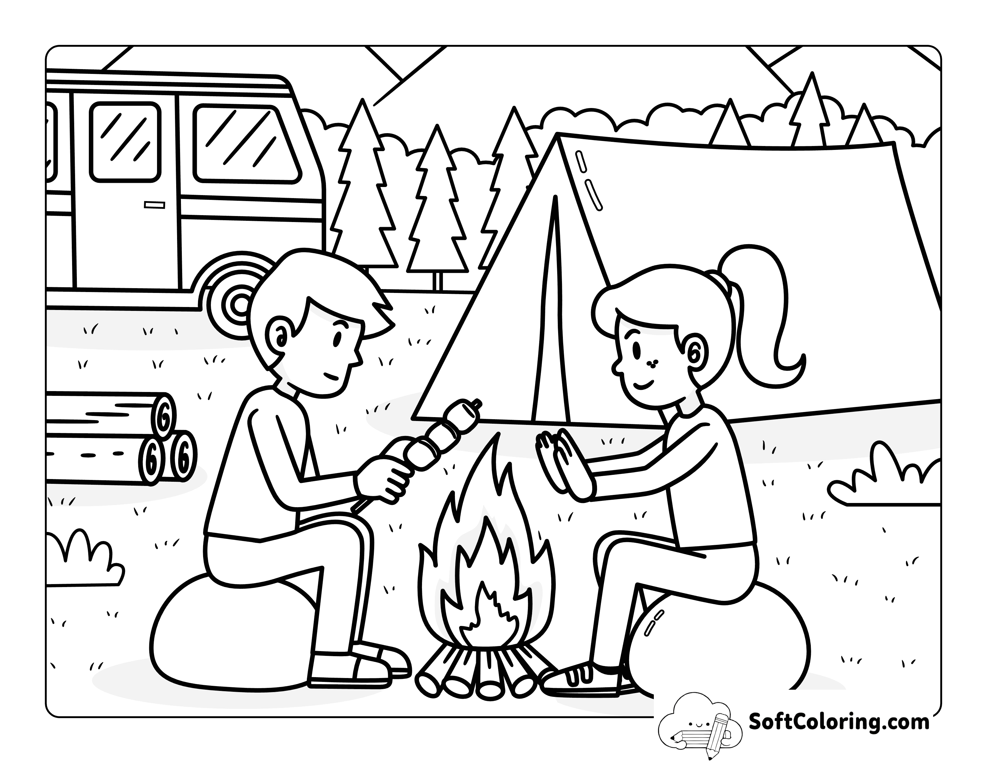 Easy Couple Cozy Camping Coloring Page