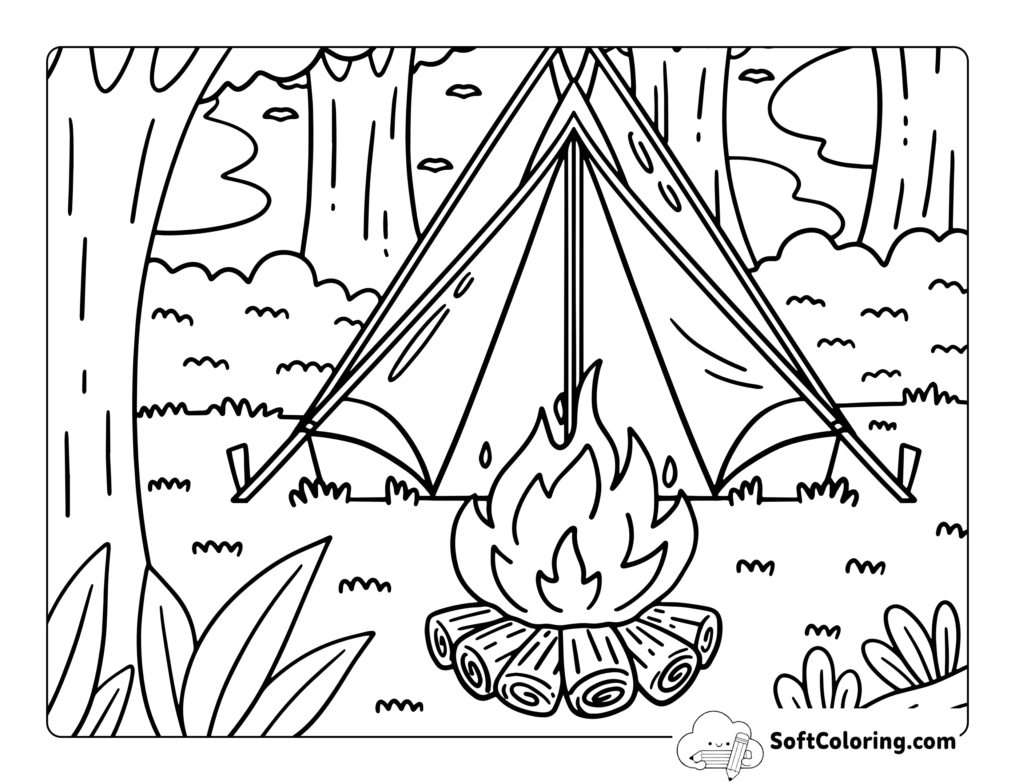 Tent And Campfire In A Dense Forest To Color