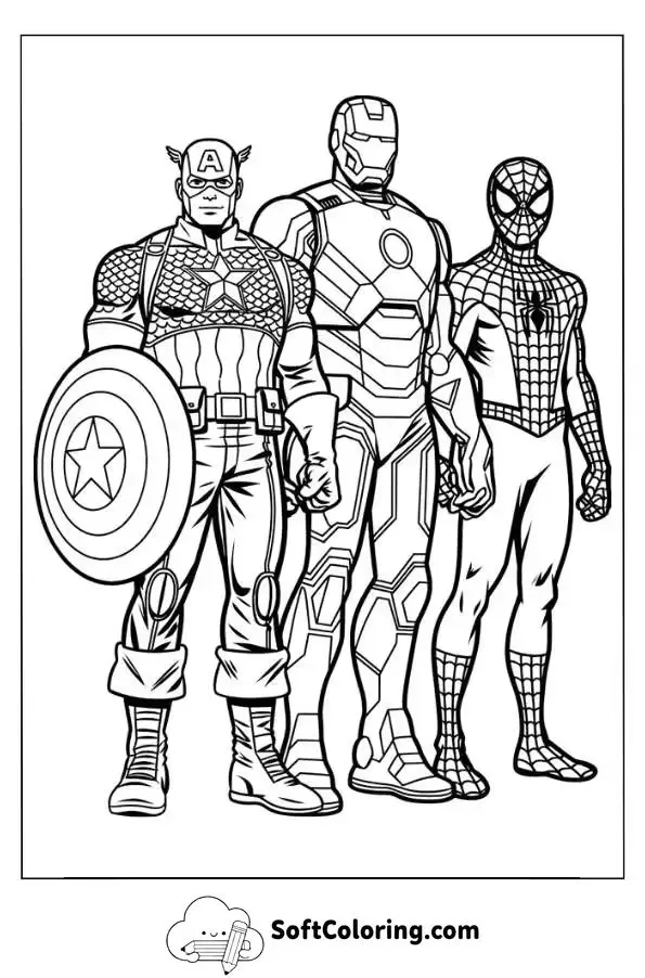 Captain America, Iron Man And Spider-Man Coloring Page