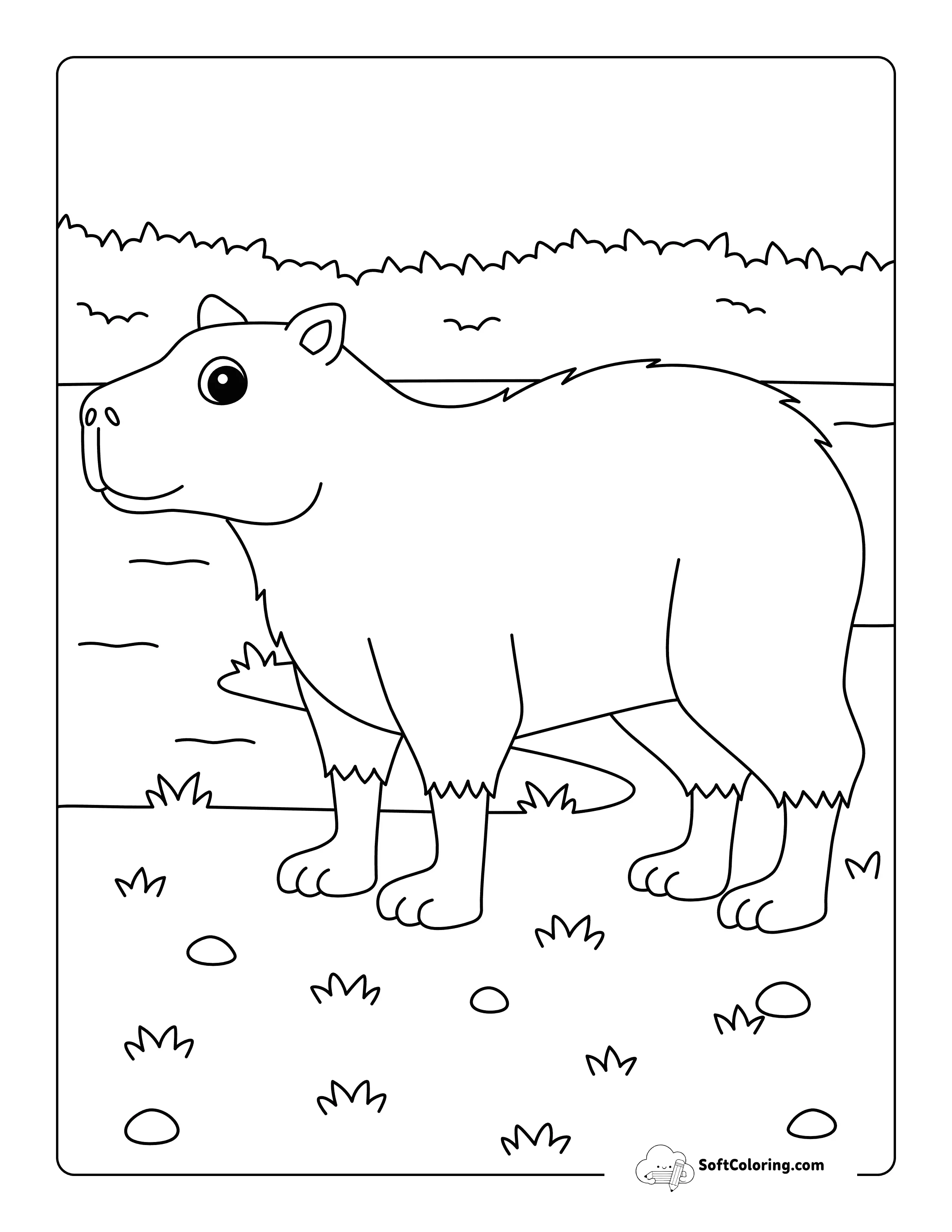 Cute Capybara By The Water - Fun Easy Capybara Drawing To Color