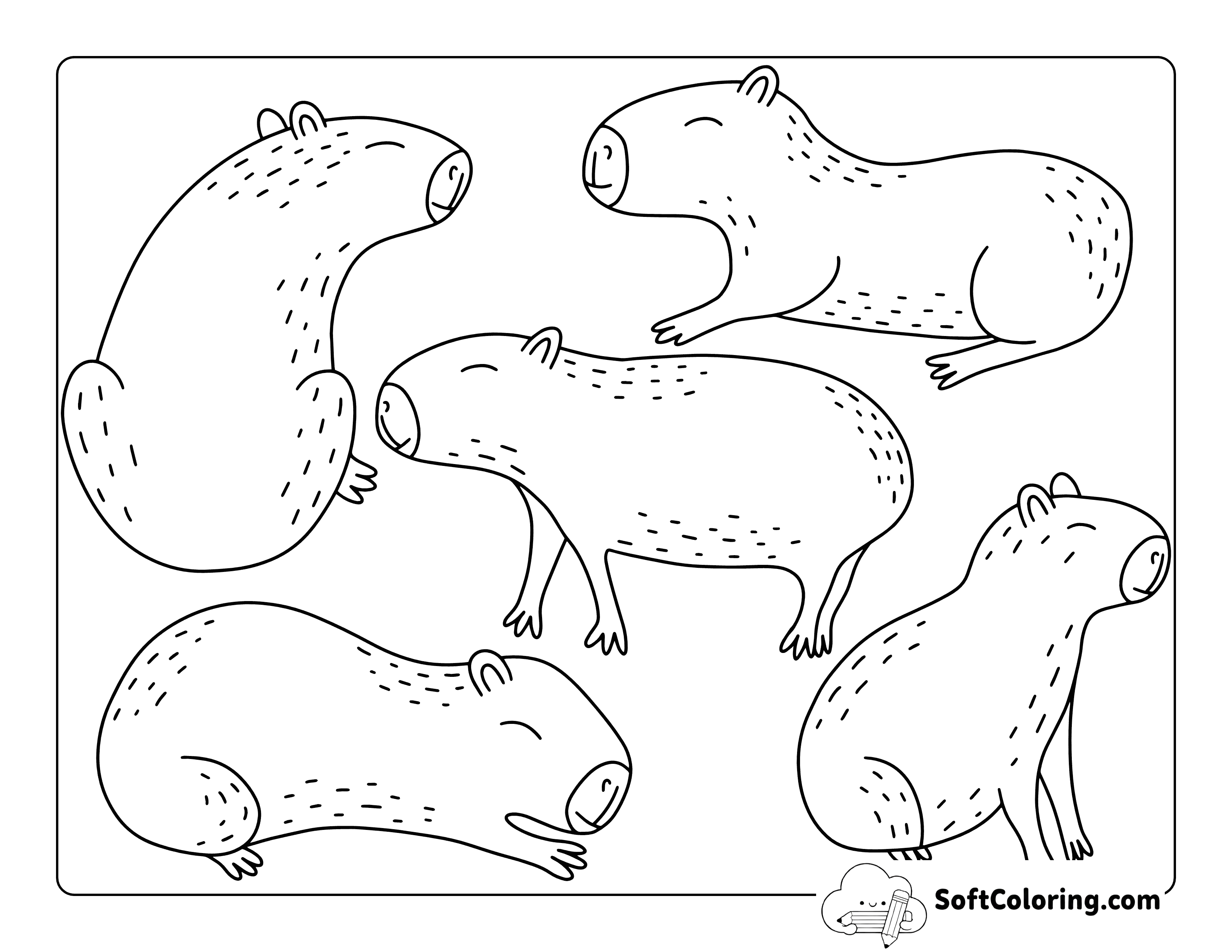 Easy Cute Capybara Friends Printable to Color
