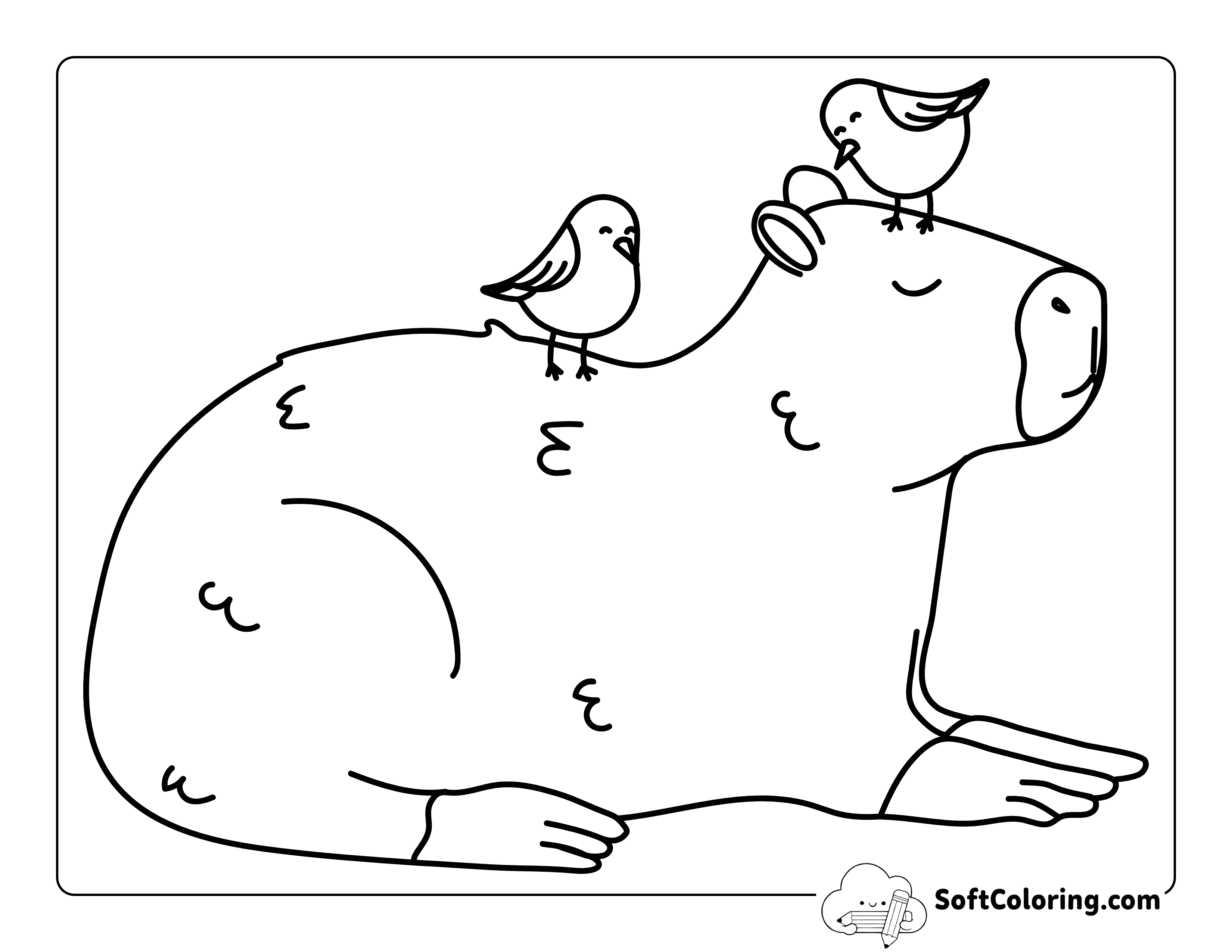 Cute Easy Capybara with Birds - Relaxing Capybara Drawing toColor