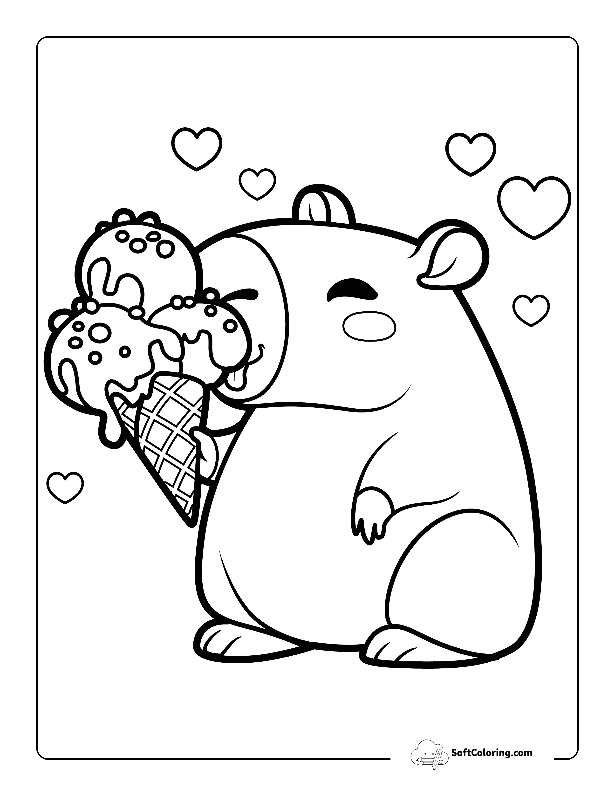 Easy Chibi Capybara Eating Ice Cream - Cute Kawaii Coloring Page
