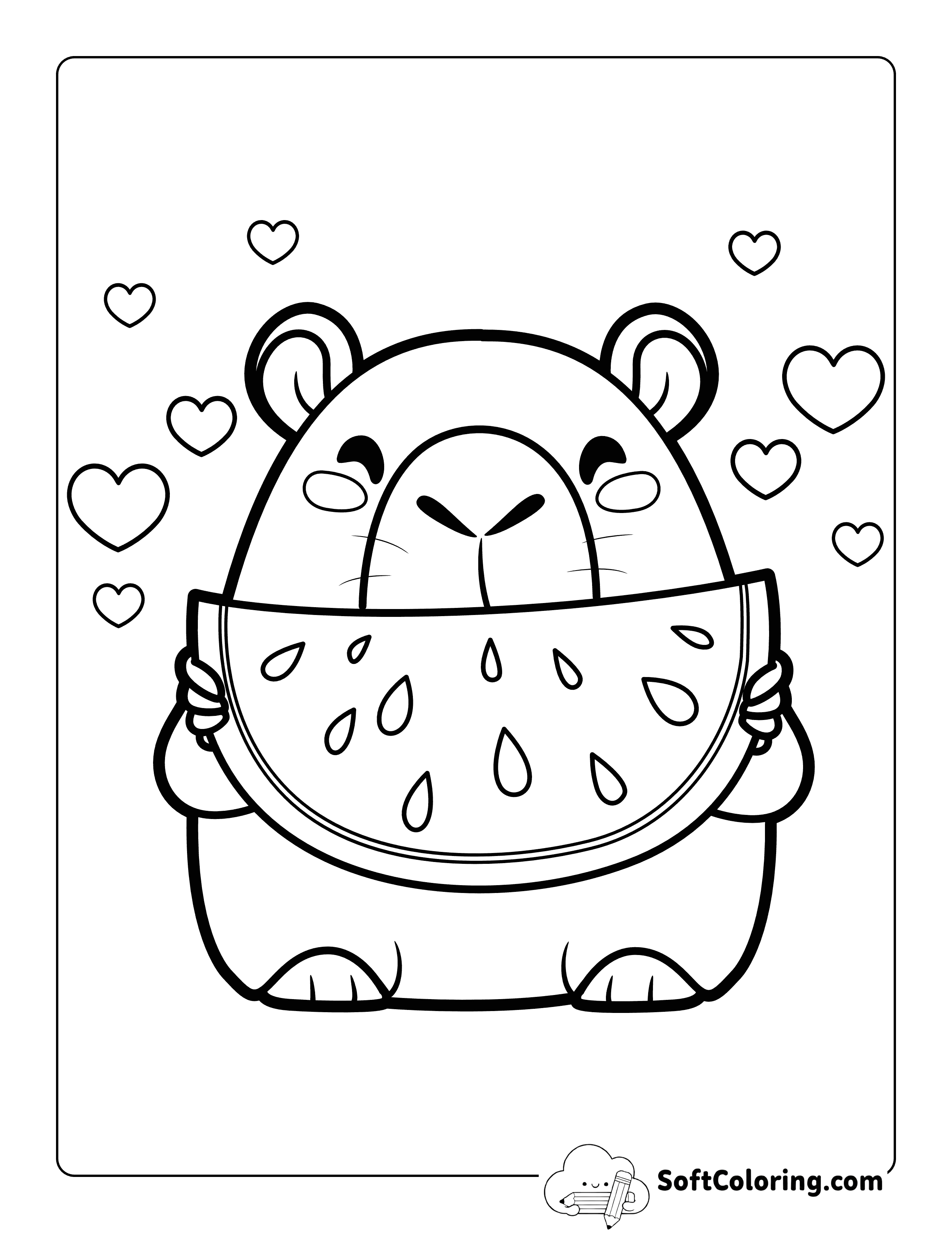 Cute Capybara Eating Watermelon - Easy Summertime Capybara to Color