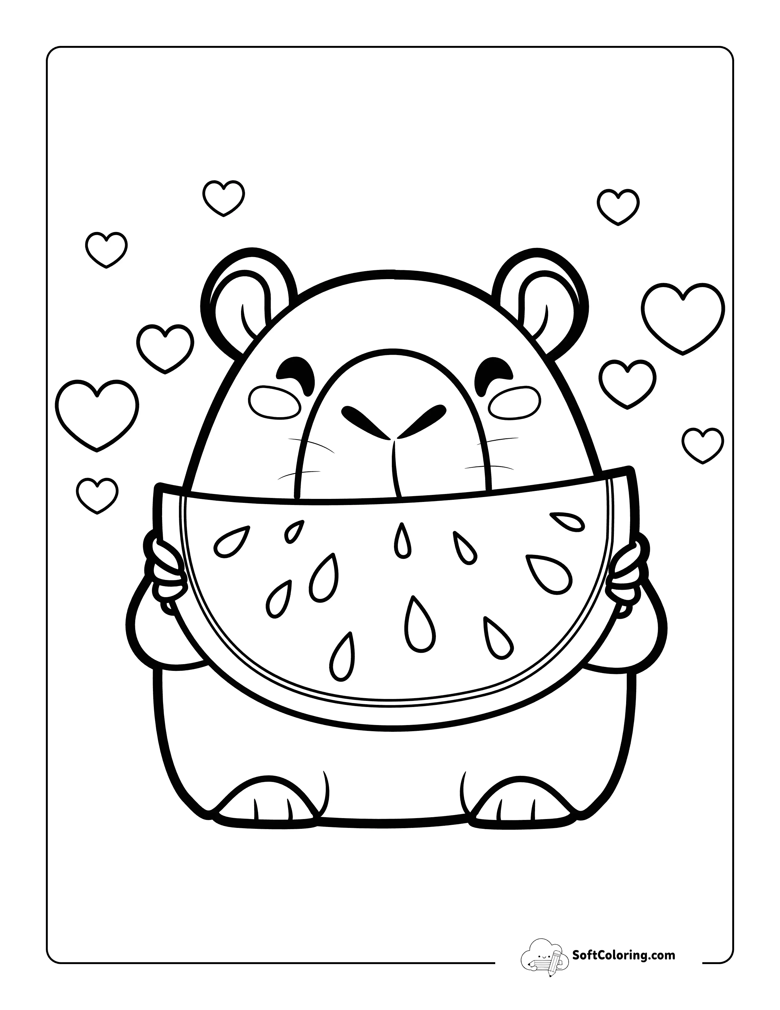 Cute Capybara Eating Watermelon - Easy Summertime Capybara To Color