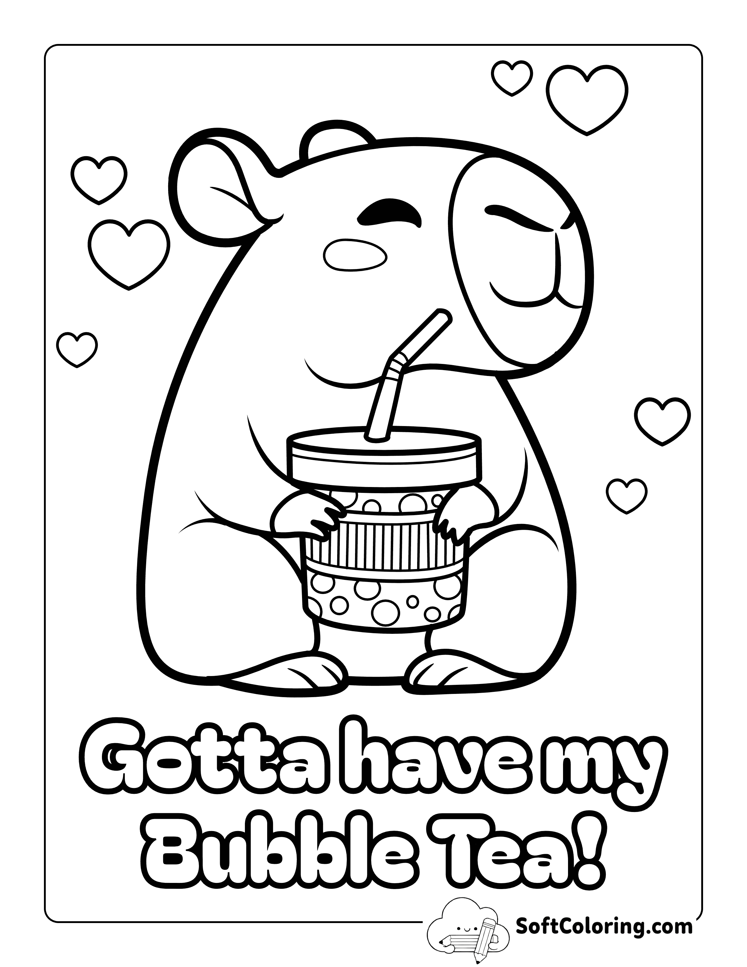 Cute Chibi Capybara Drinking Boba Tea - Easy Coloring Page for Kids