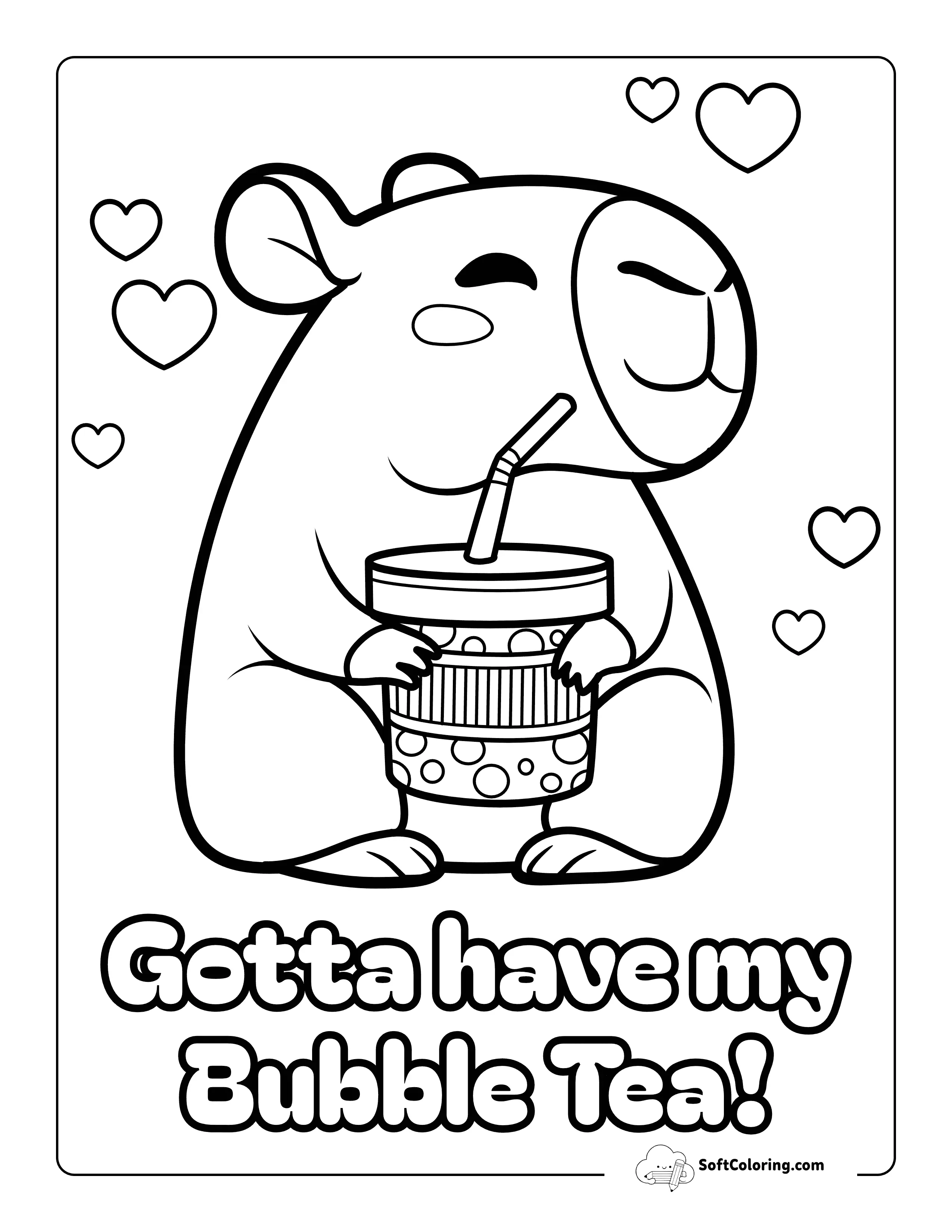 Cute Chibi Capybara Drinking Boba Tea - Easy Coloring Page For Kids