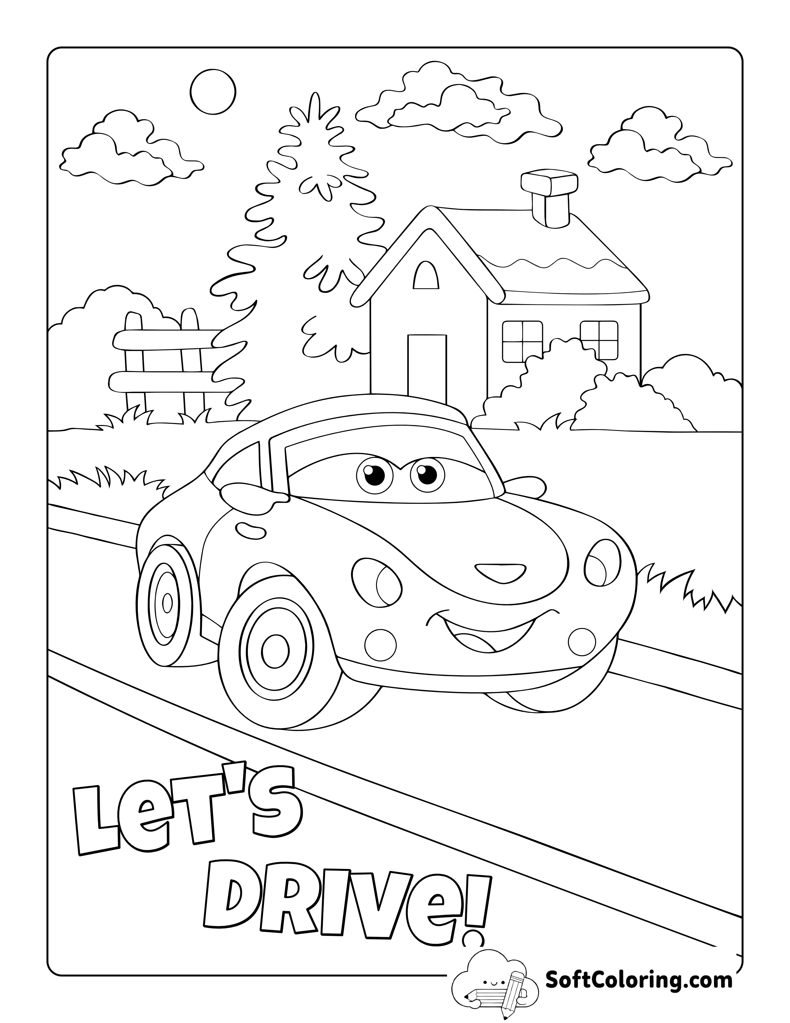 "Let's Drive" Cartoon Car Picture to Color