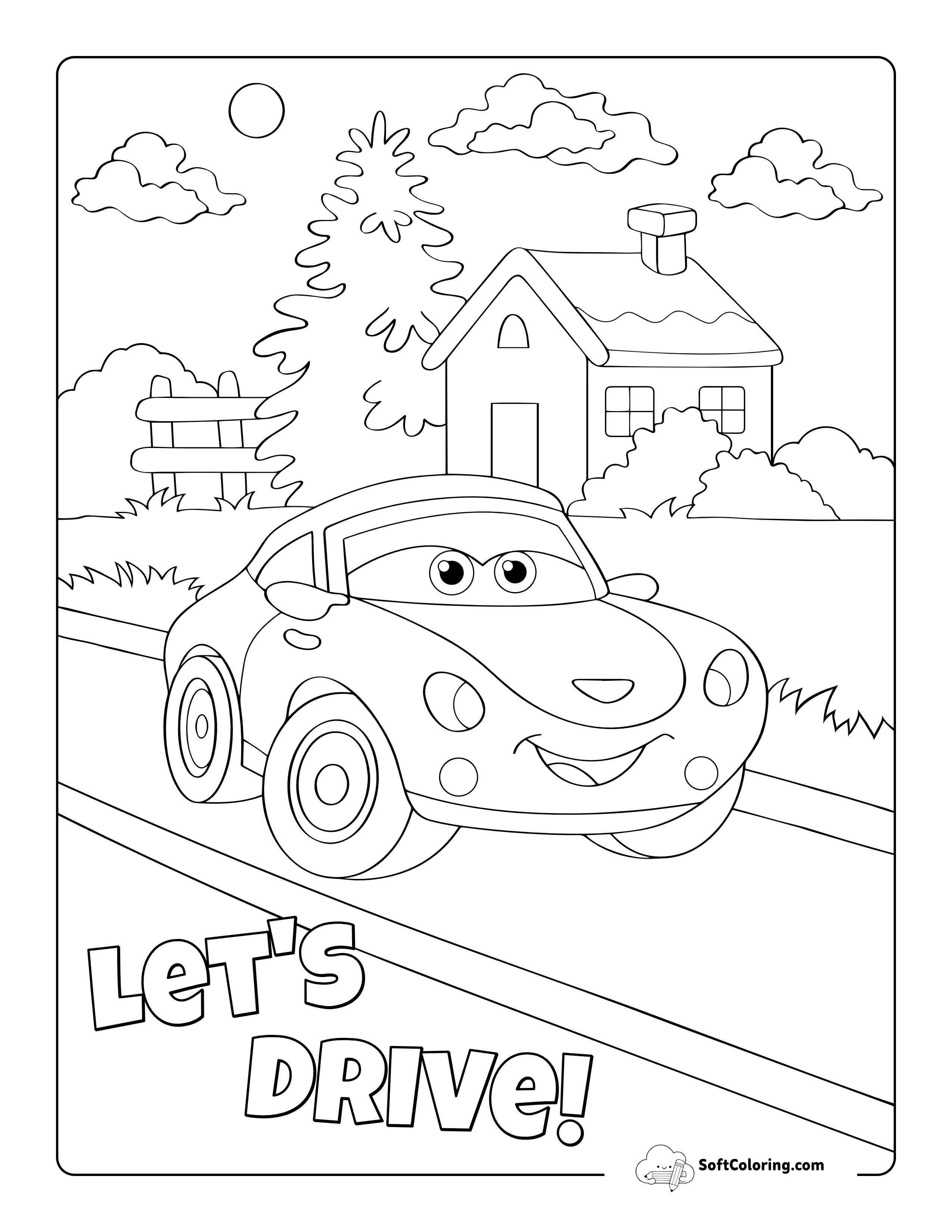 "Let's Drive" Cartoon Printable Car Coloring Page