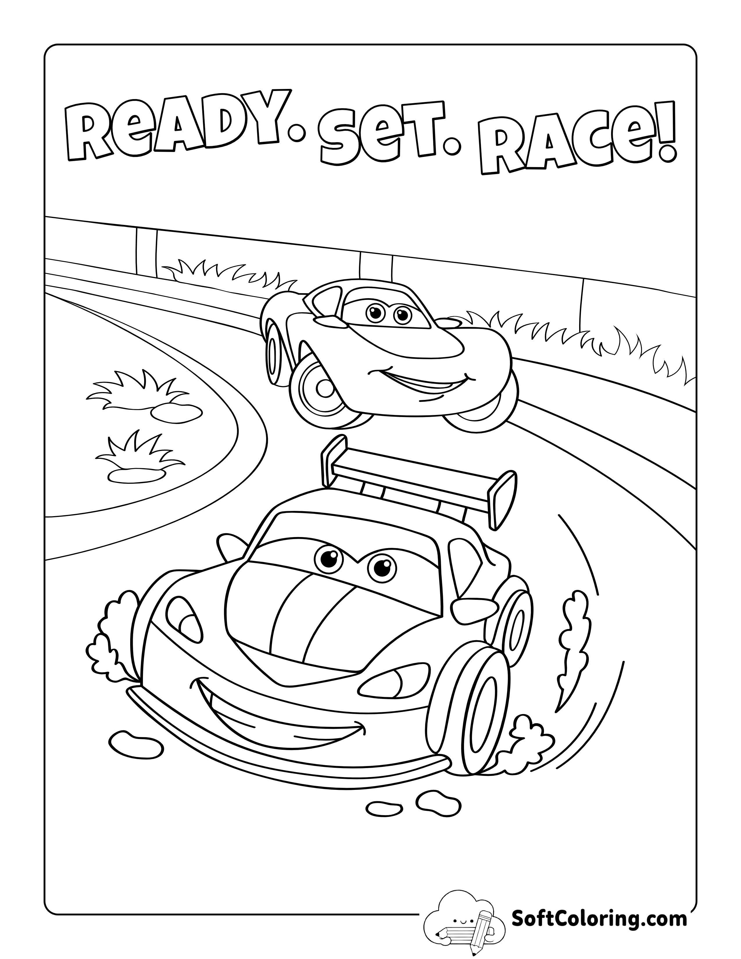 "Ready. Set. Race!" Easy Race Car Coloring Sheet