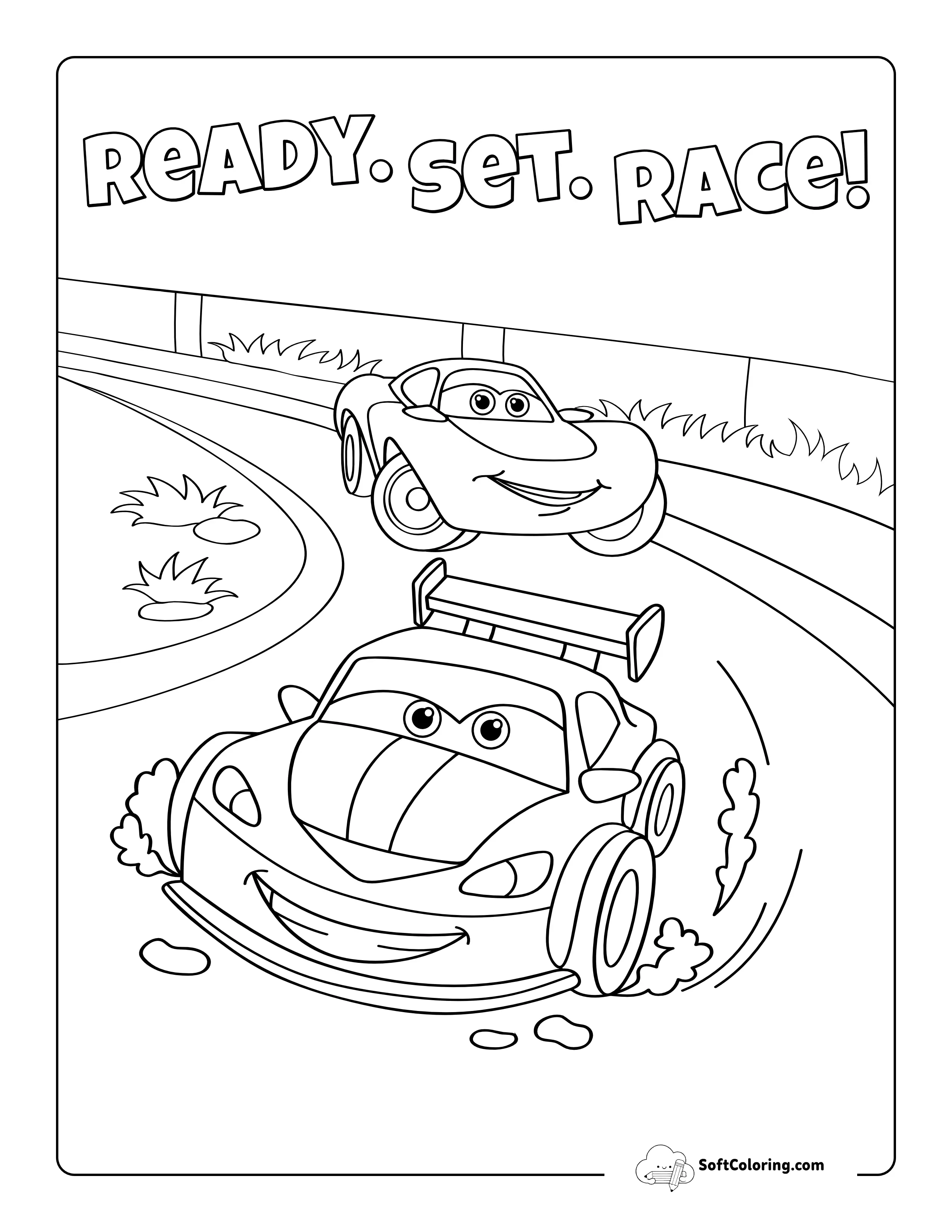 "Ready. Set. Race!" Easy Race Car Coloring Sheet