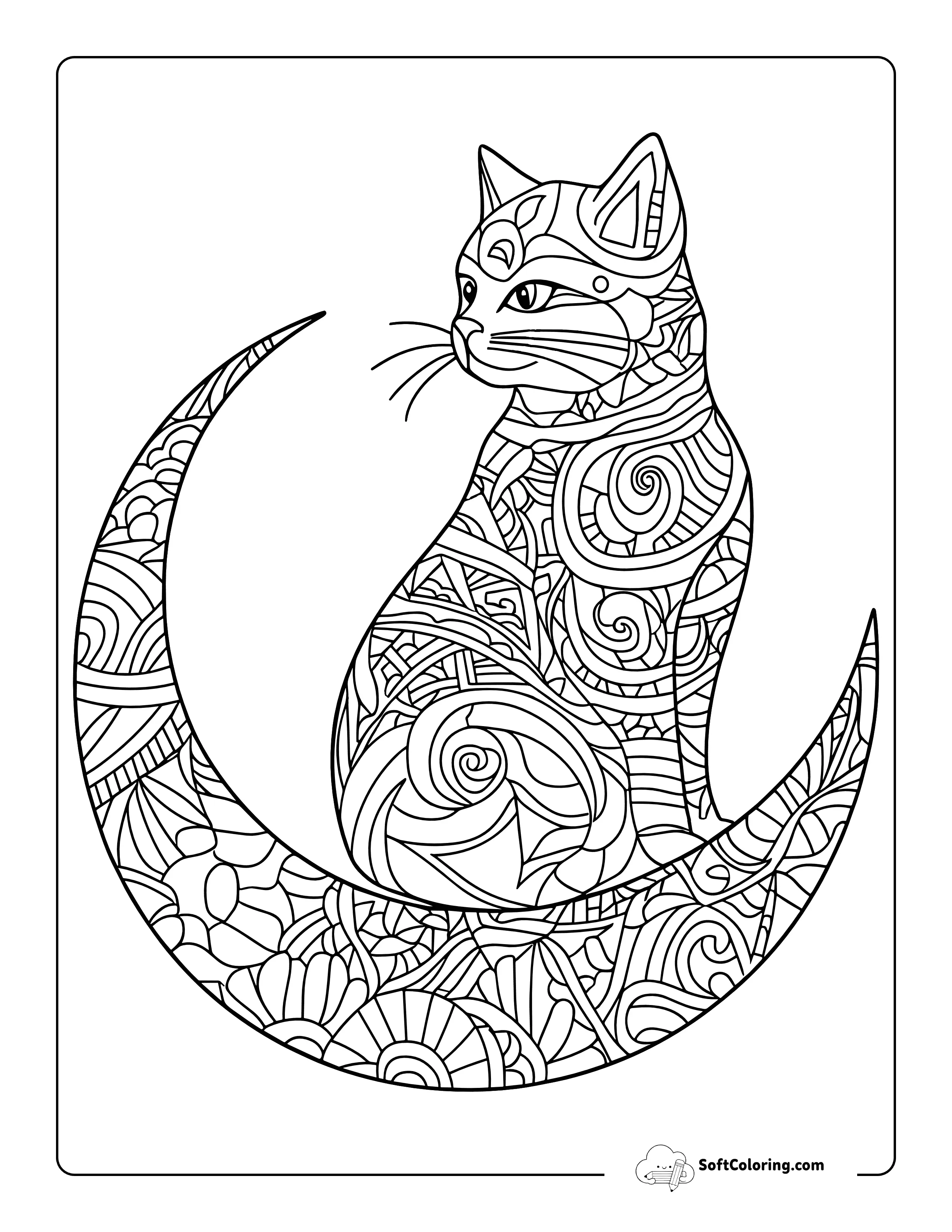 Aesthetic Moon And Cat Mandala Coloring Page