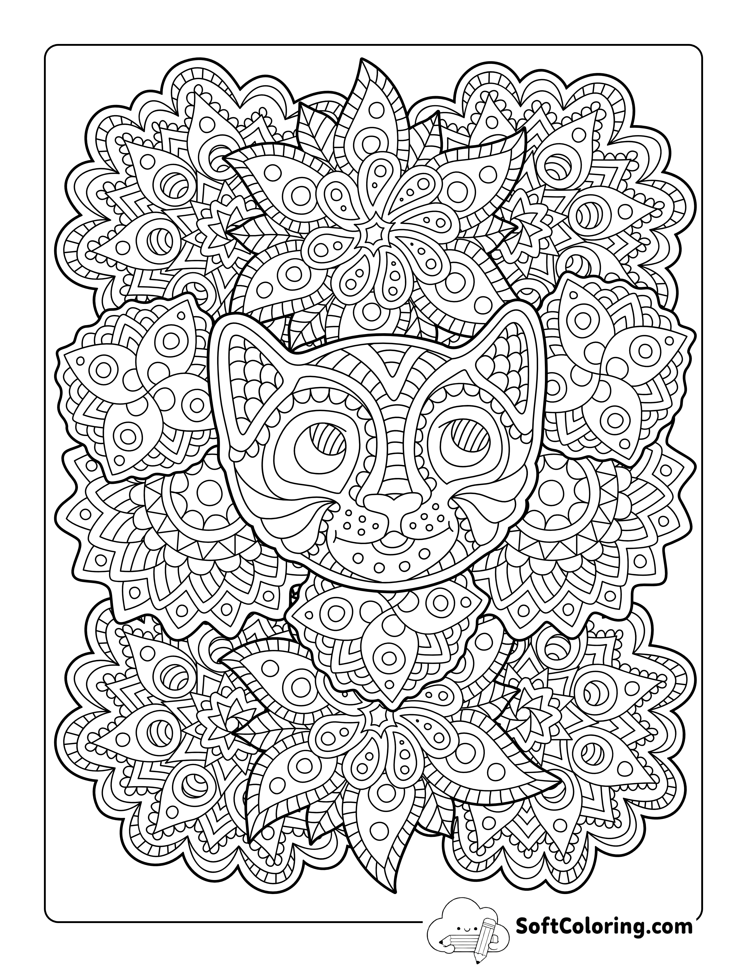 Patterned Cat Face Coloring Sheet for Adults