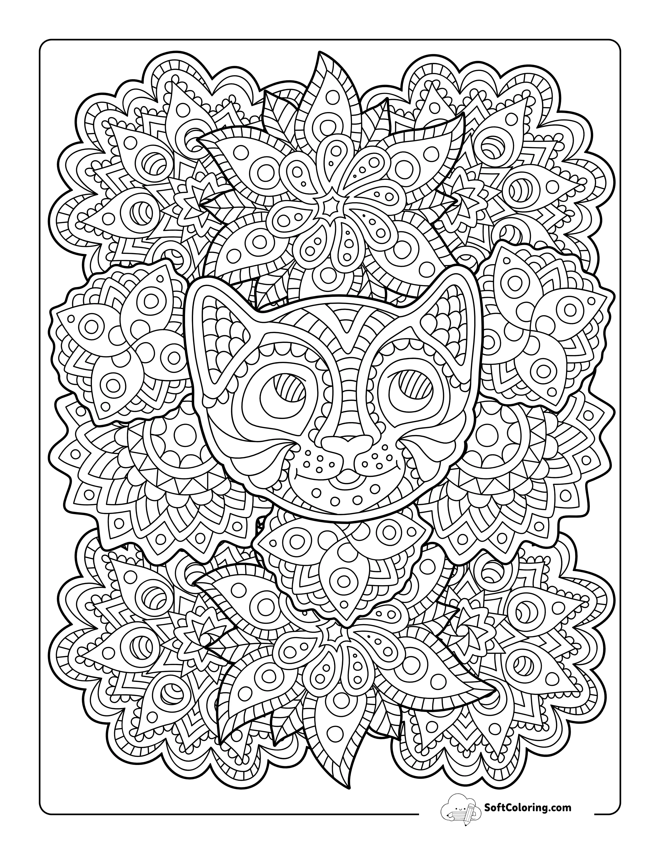 Patterned Cat Face Coloring Sheet For Adults