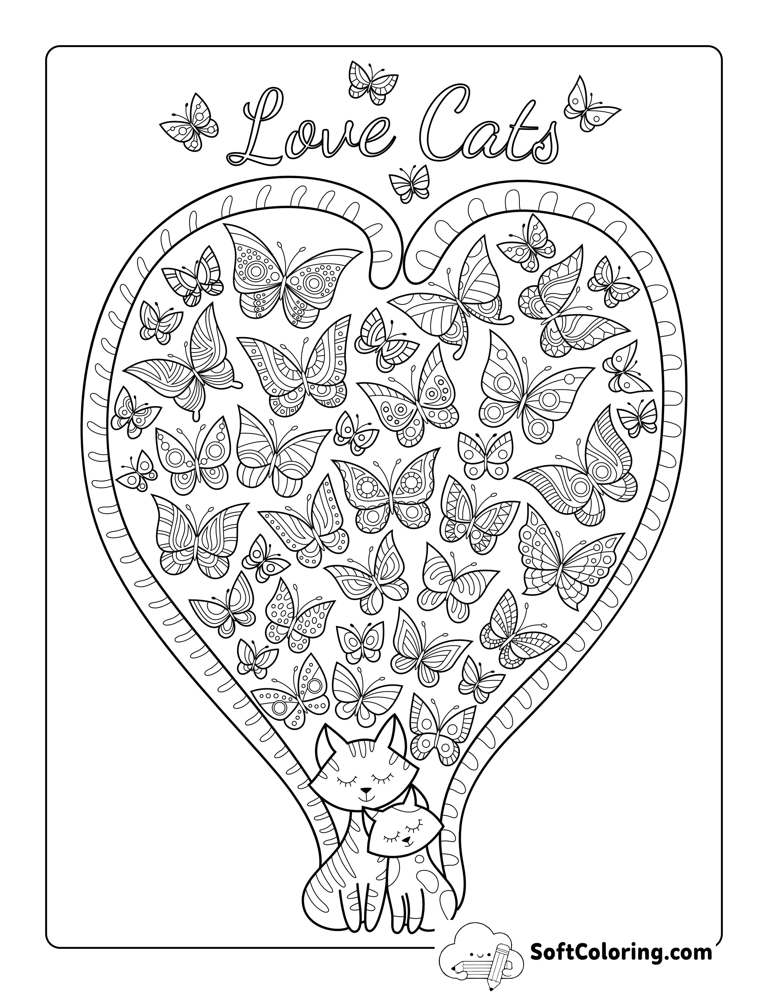 Cats & Butterflies Coloring Page for Adults