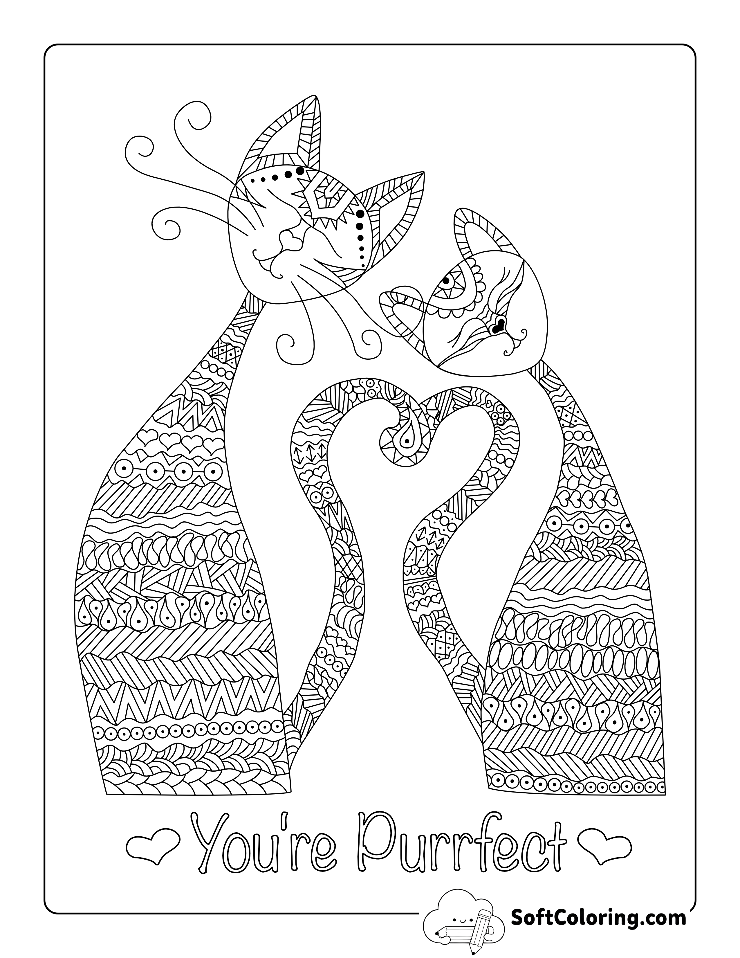 Cute Love Cats Coloring Page for Adults