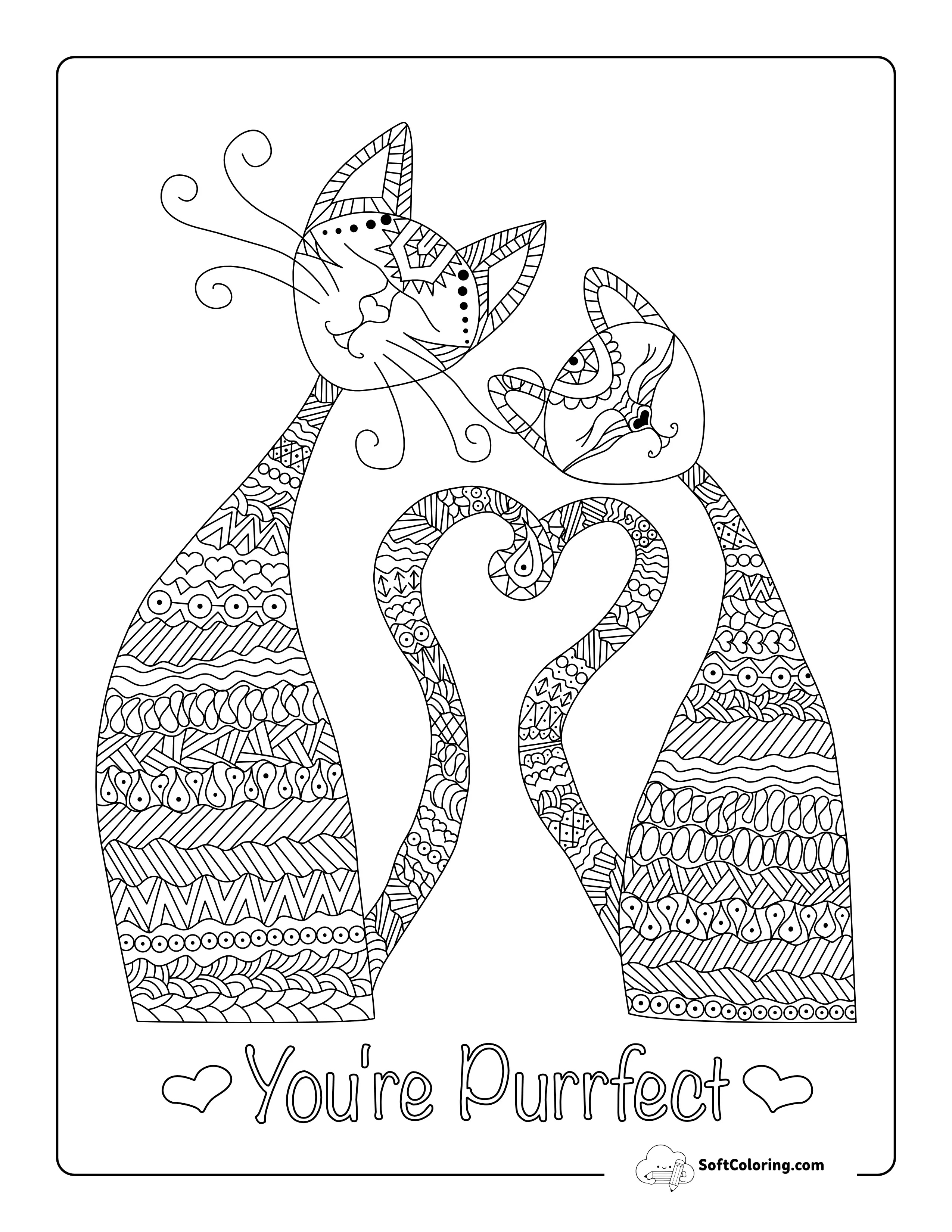 Cute Love Cats Coloring Page For Adults