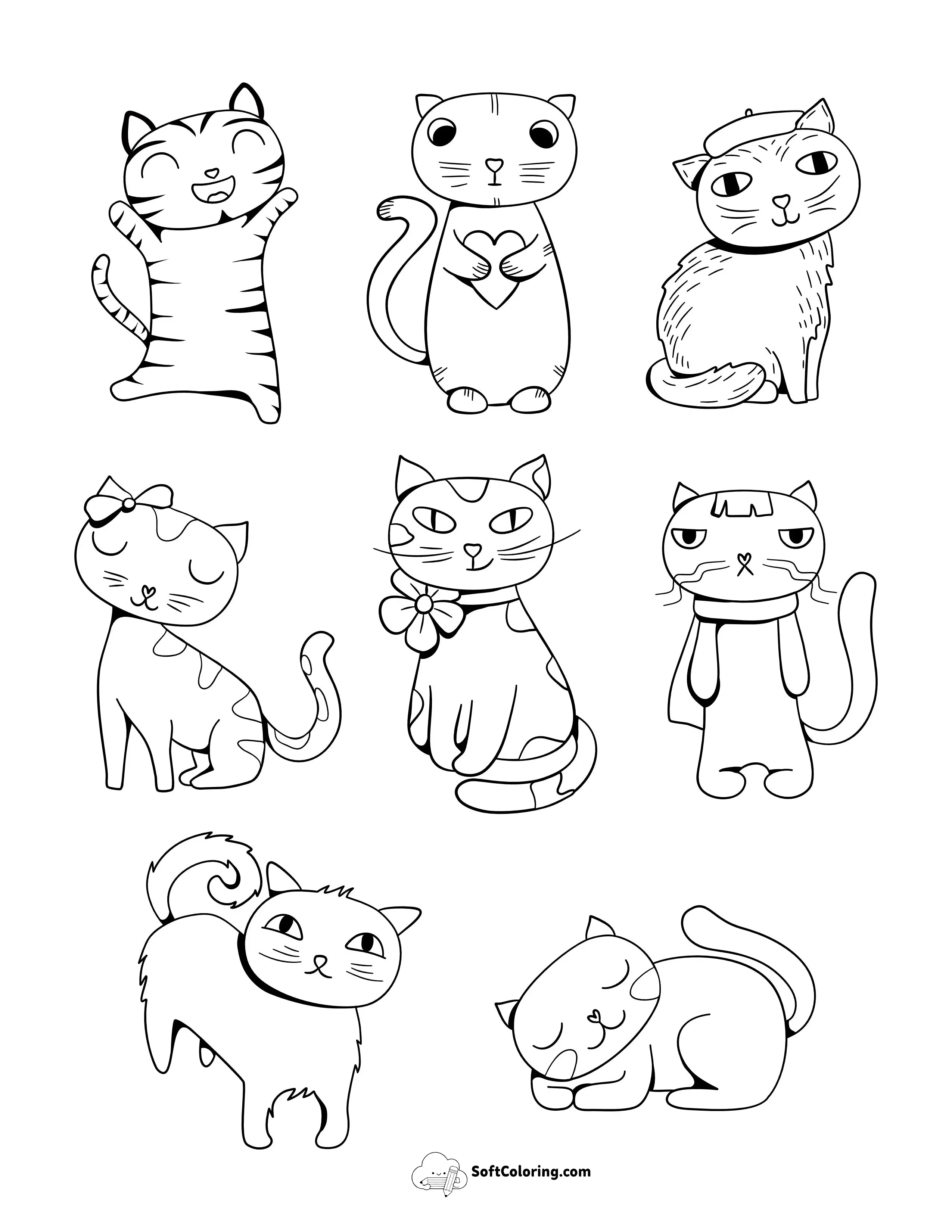 Cute Cartoon Cats Coloring Sheet