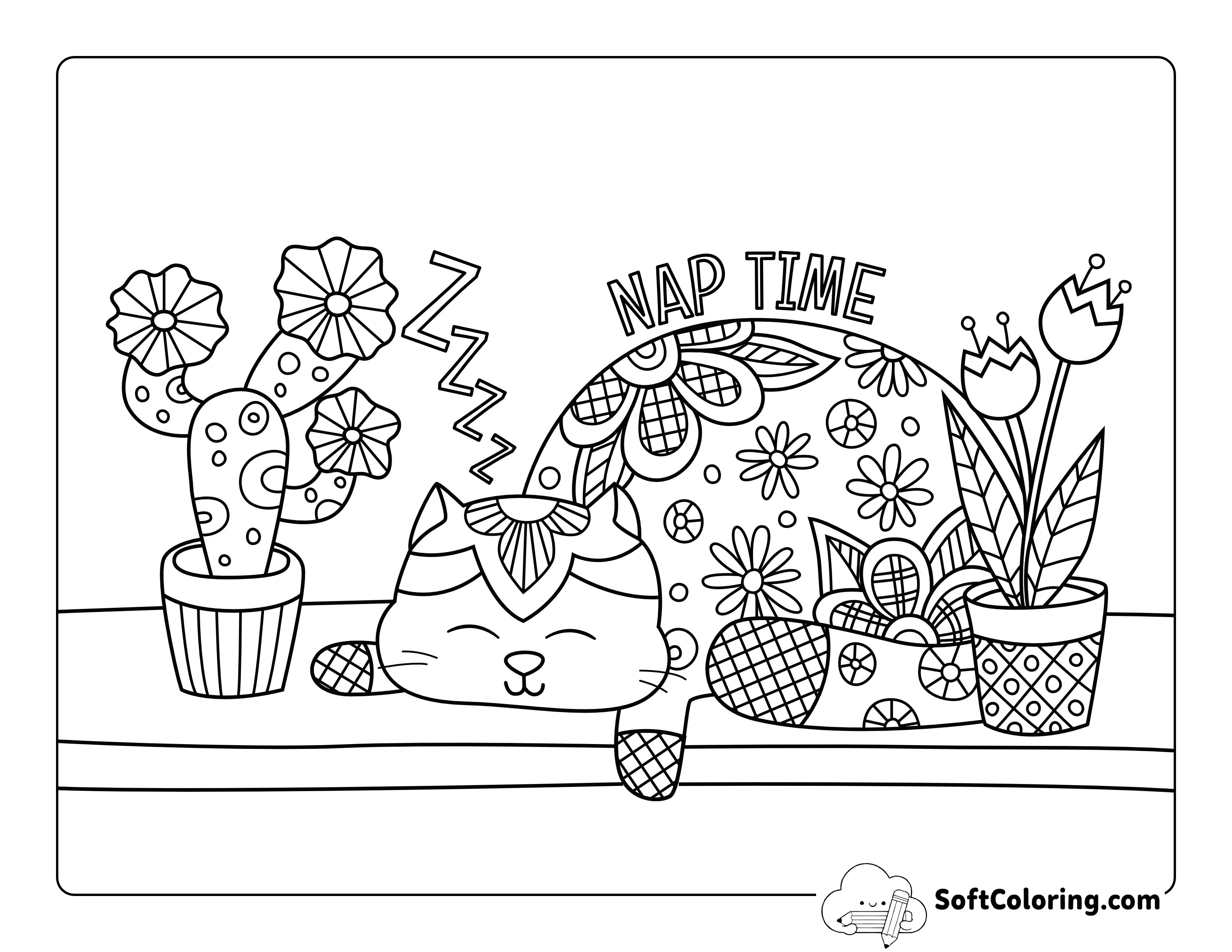 Sleepy Cat Coloring Sheet Doodle