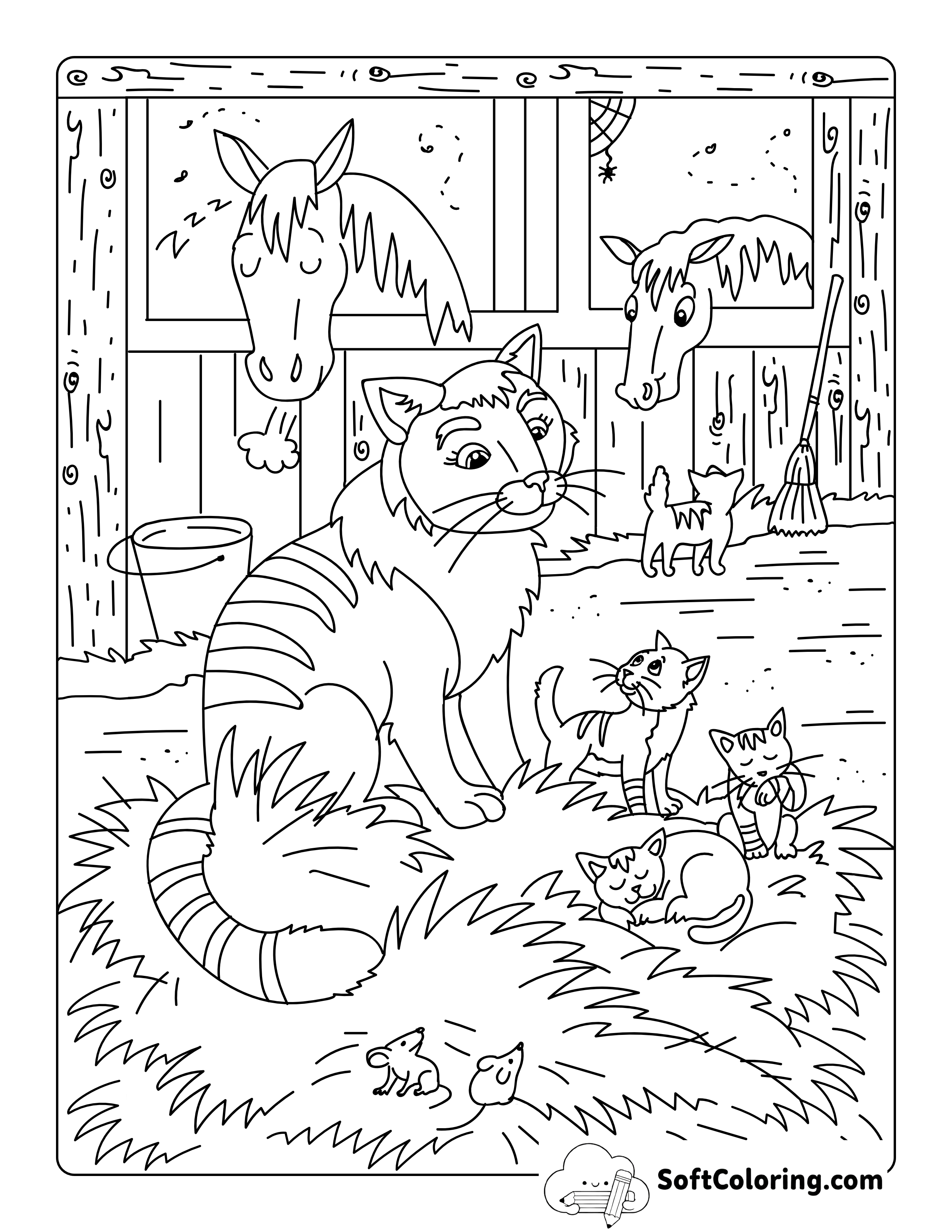 Cat with Kittens Farm Animal Coloring Page