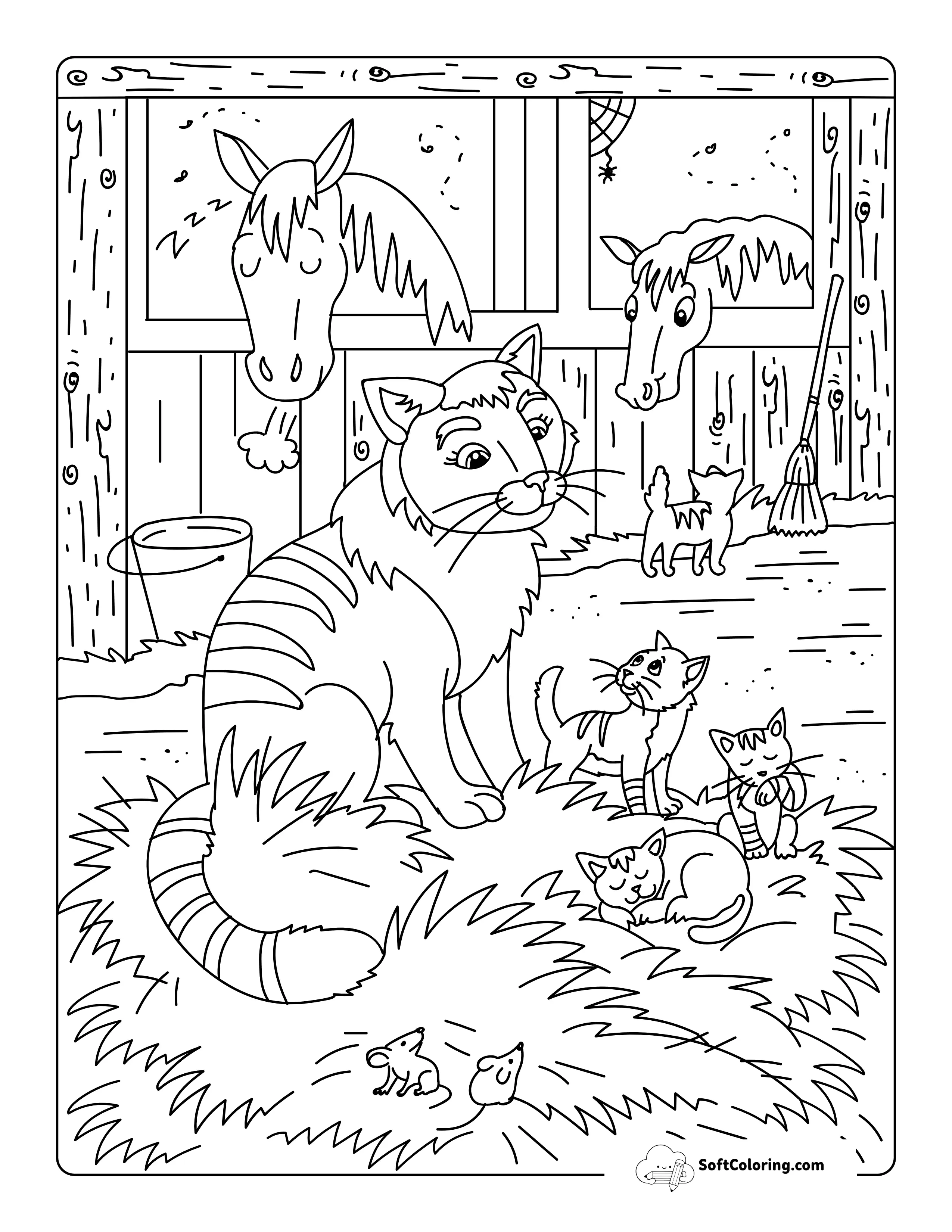 Cat With Kittens Farm Animal Coloring Page