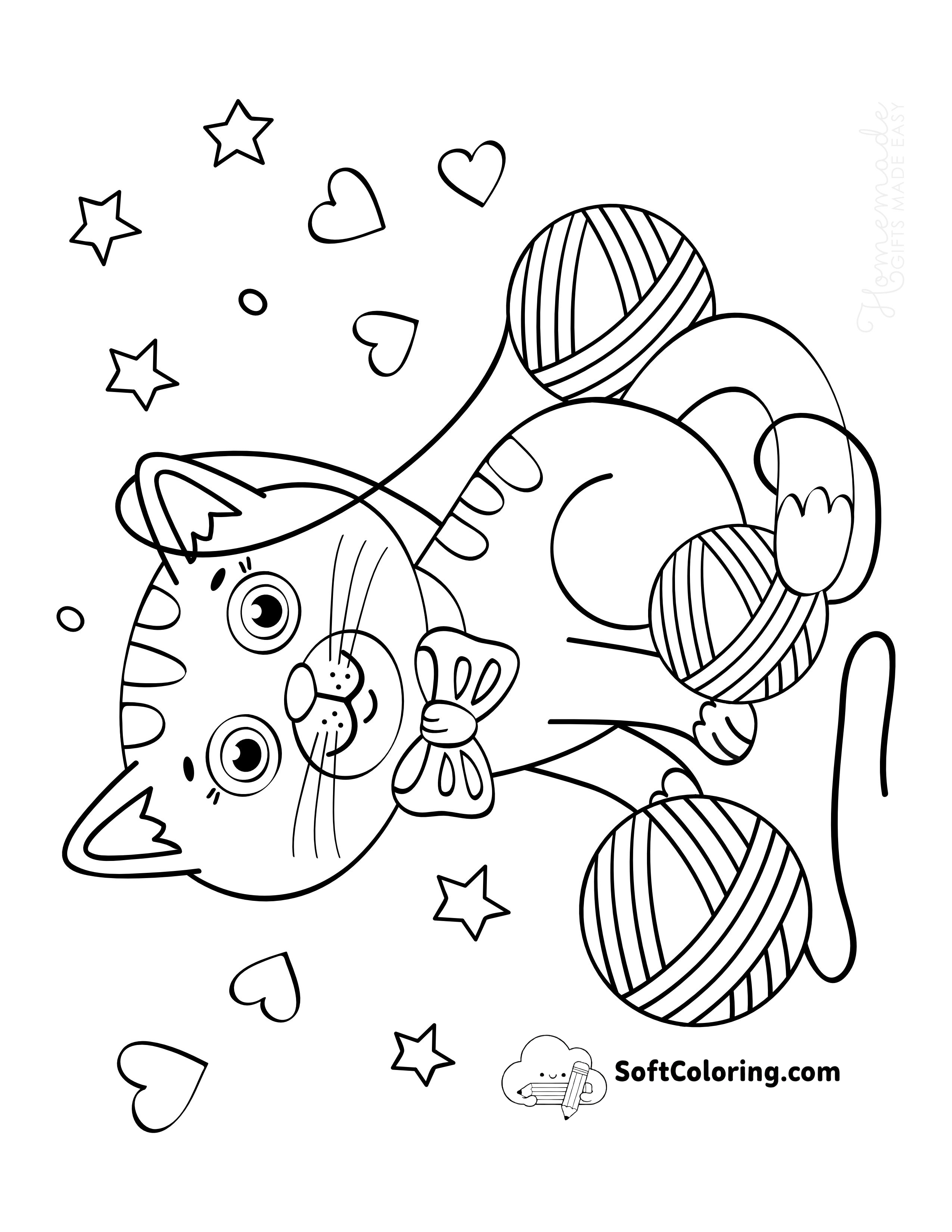 Playful Cat with Balls of Wool Coloring Sheet for Kids