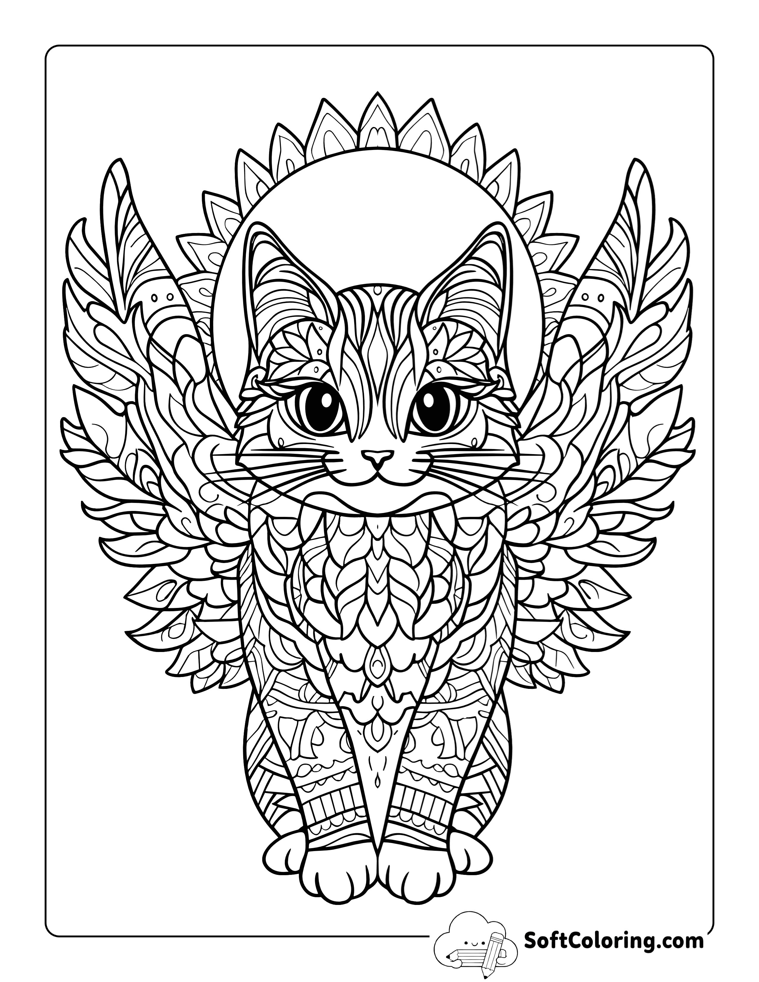 Winged Cat and Sun Mandala Coloring Page