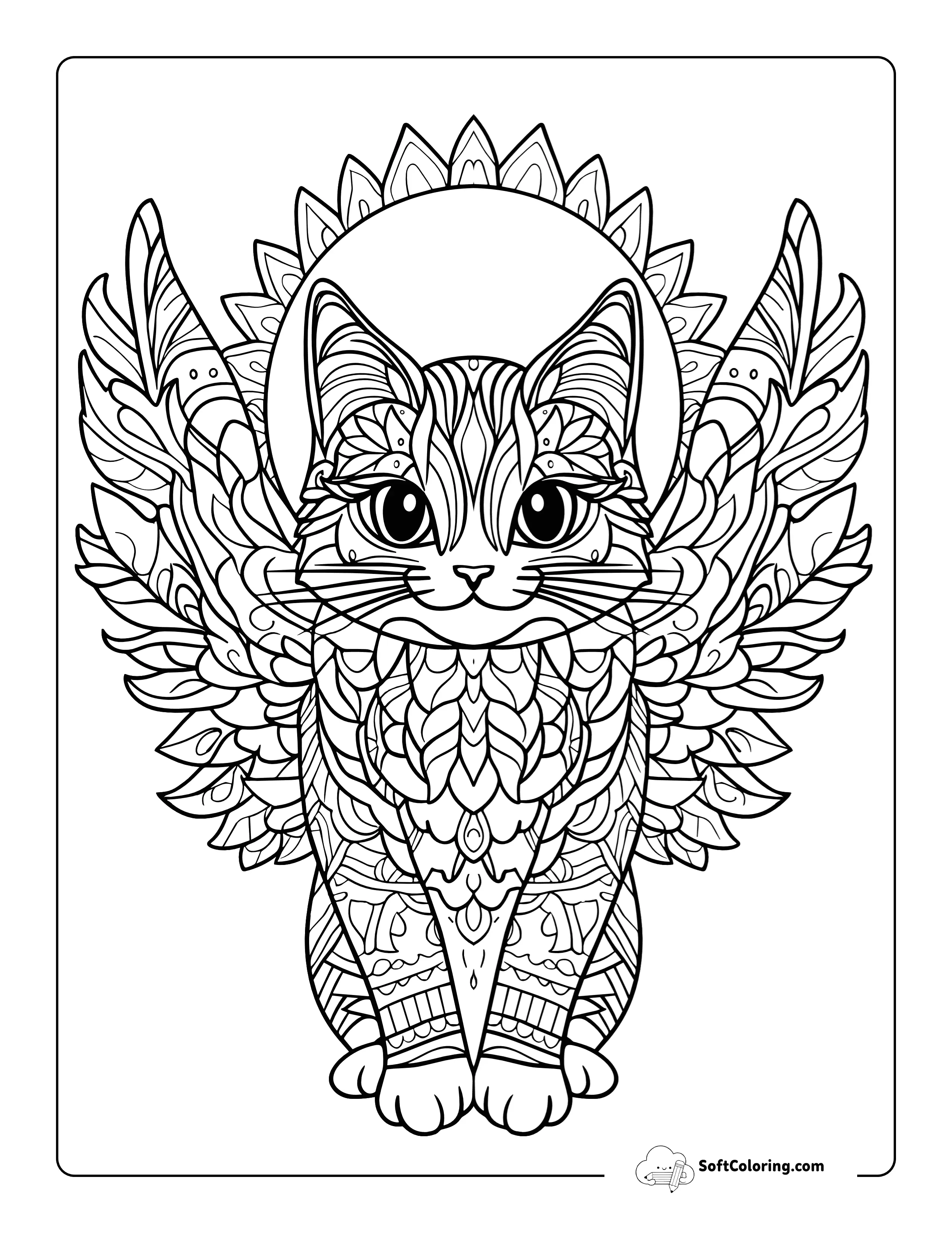 Winged Cat Mandala Coloring Page
