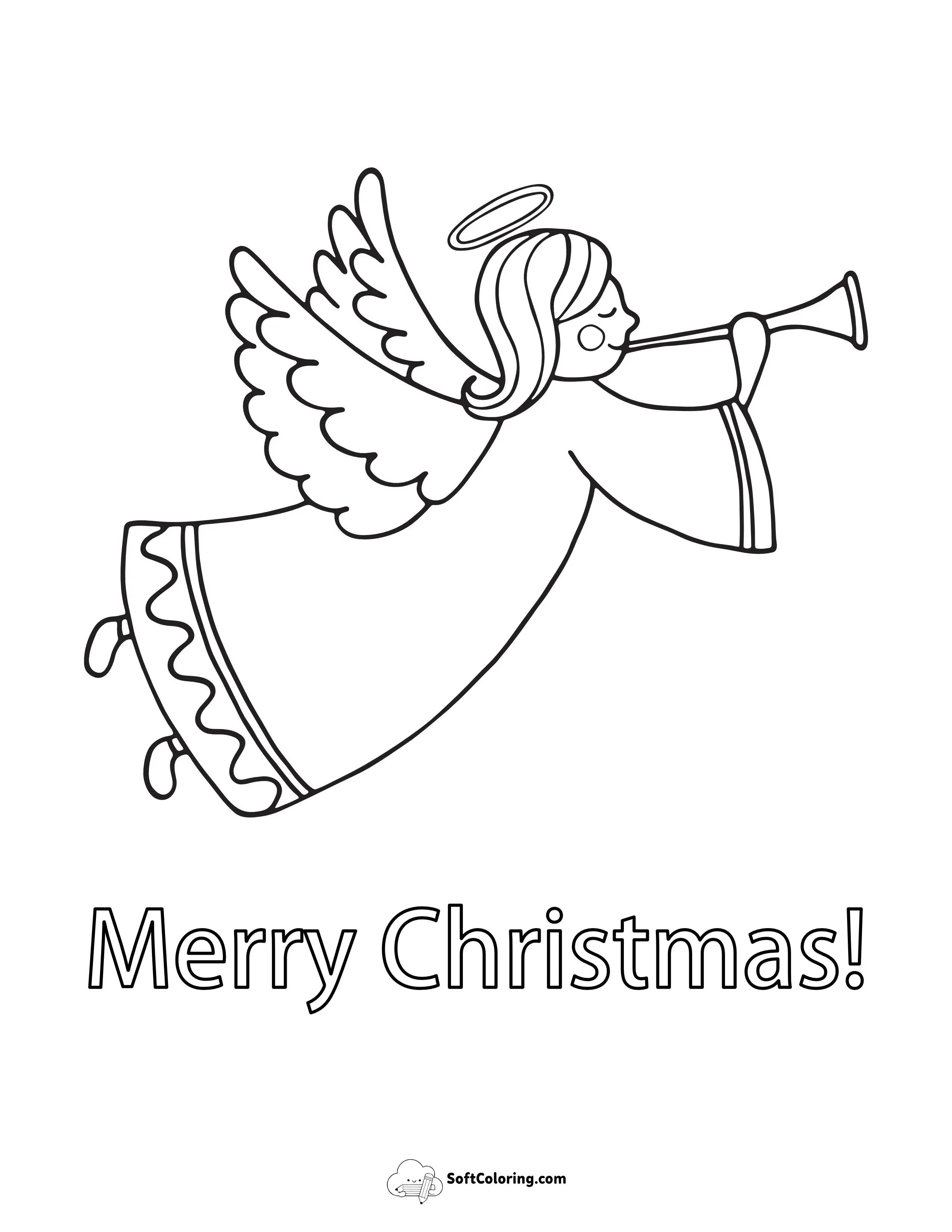 "Merry Christmas" Angel Blowing Trumpet Coloring Page"
