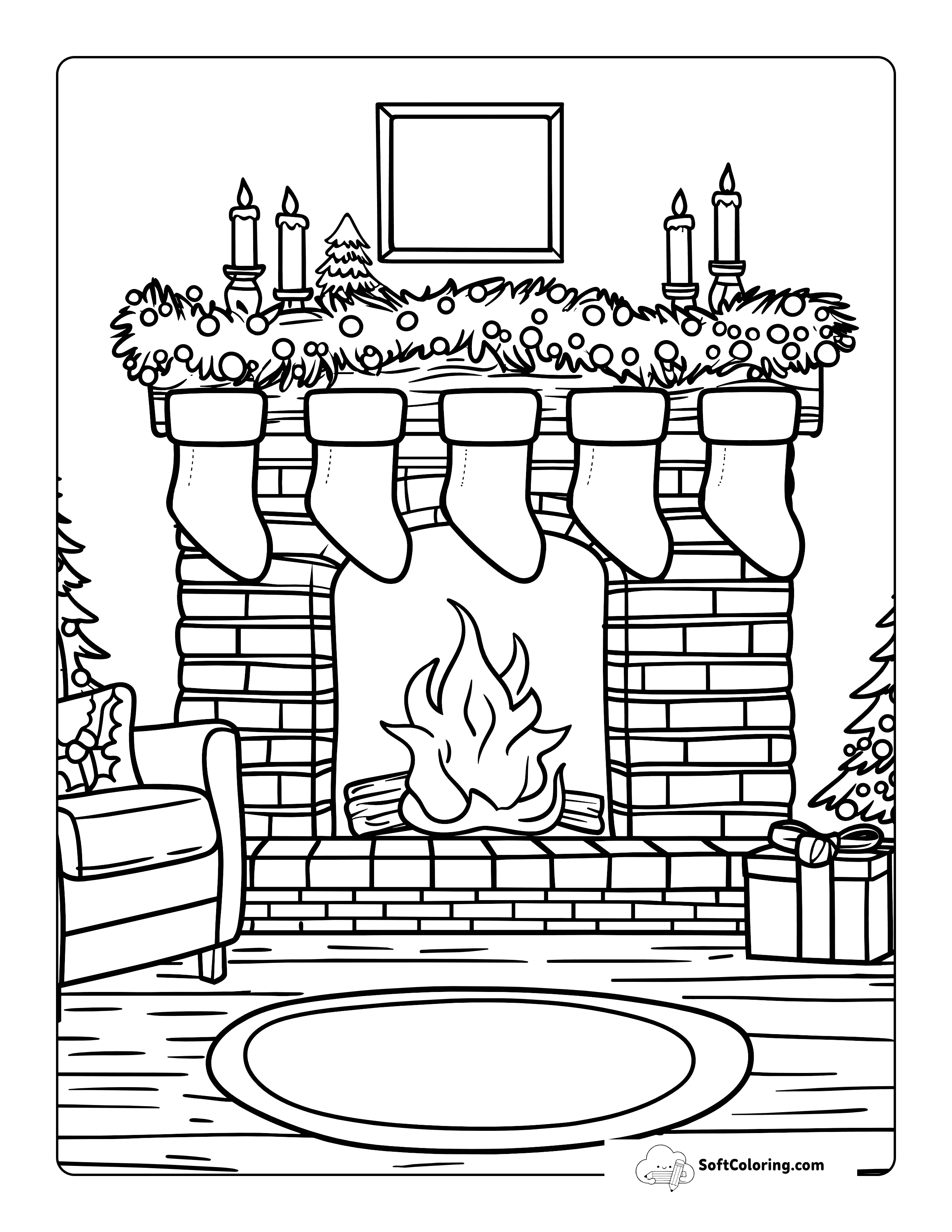 Cozy Fireplace Christmas Eve Coloring Page