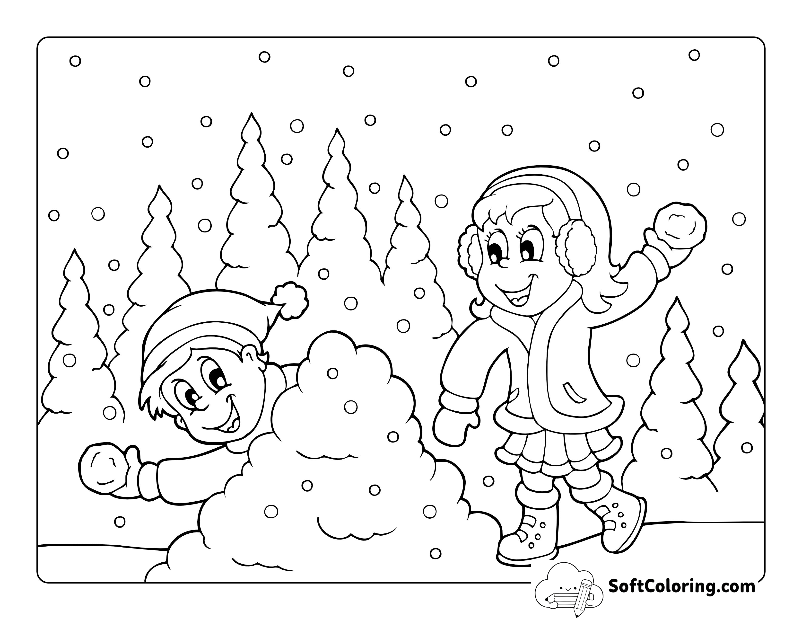 Snowball Fight Winter Coloring Page