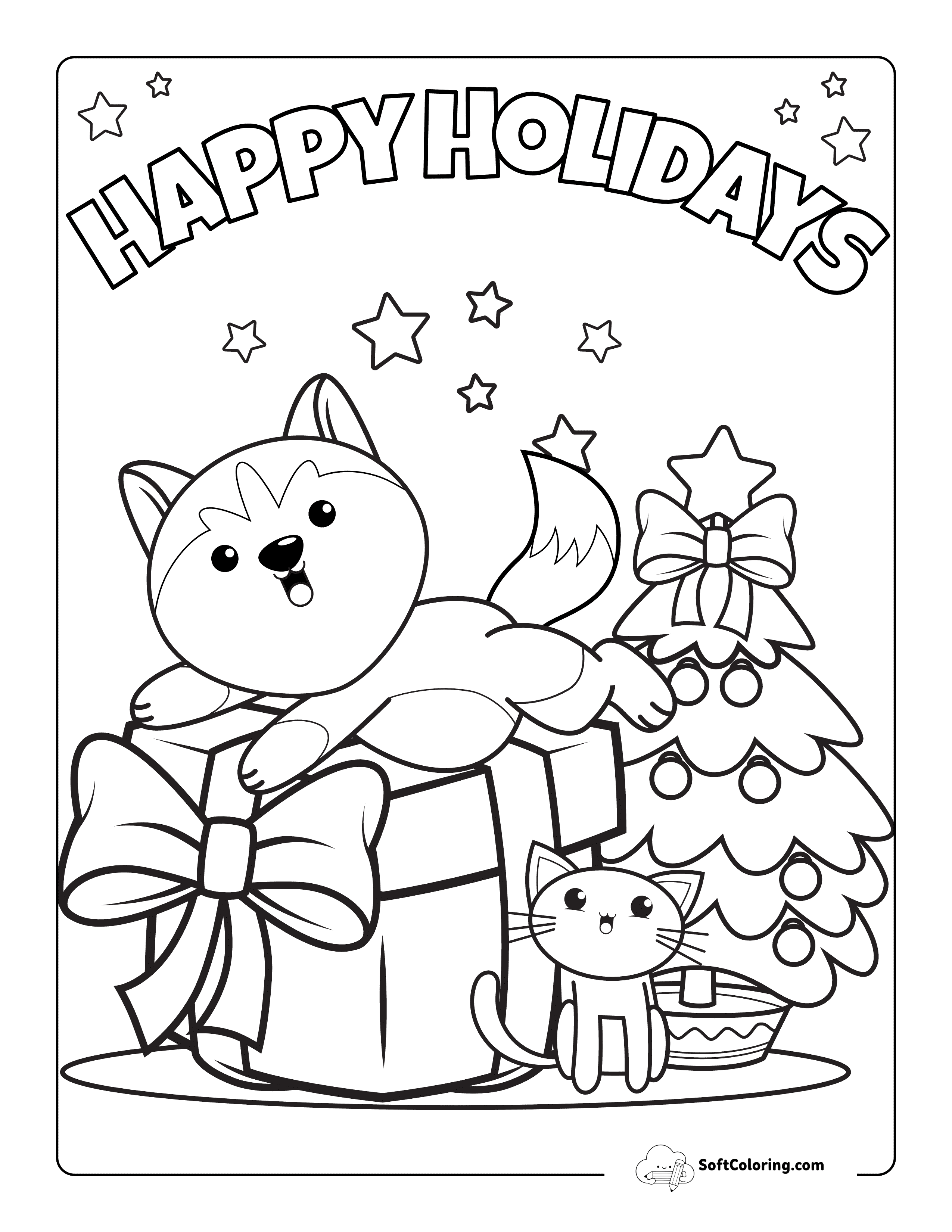 New! Cute Puppy And Kitty Christmas Gift Coloring Sheet