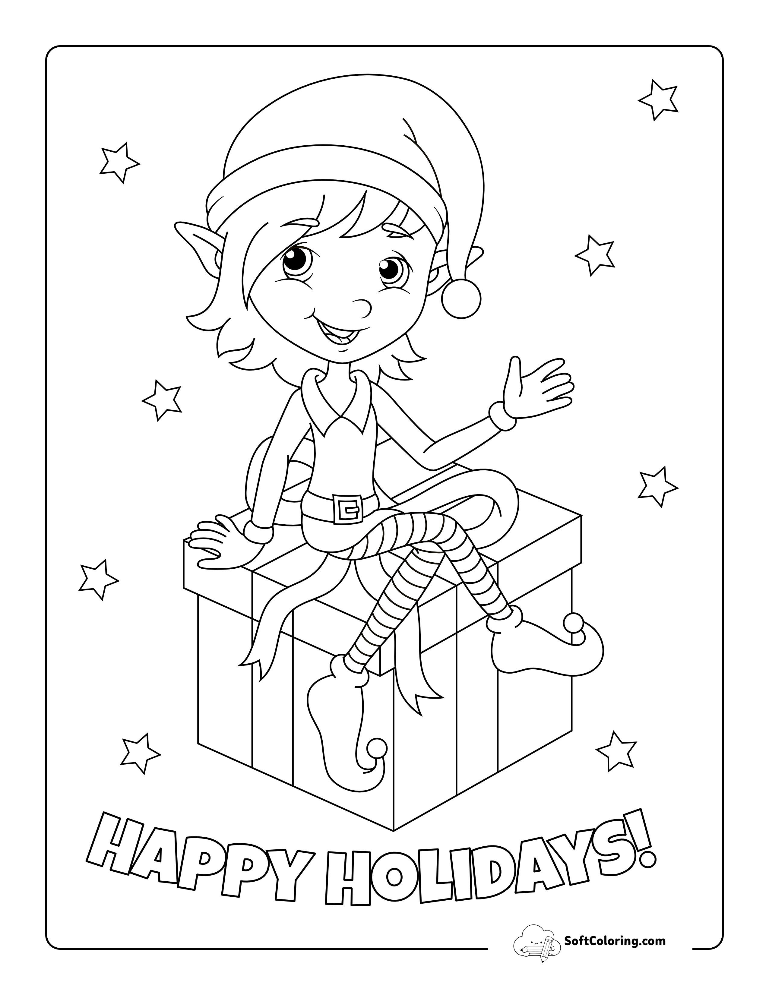 "Happy Holidays" Elf Coloring Page