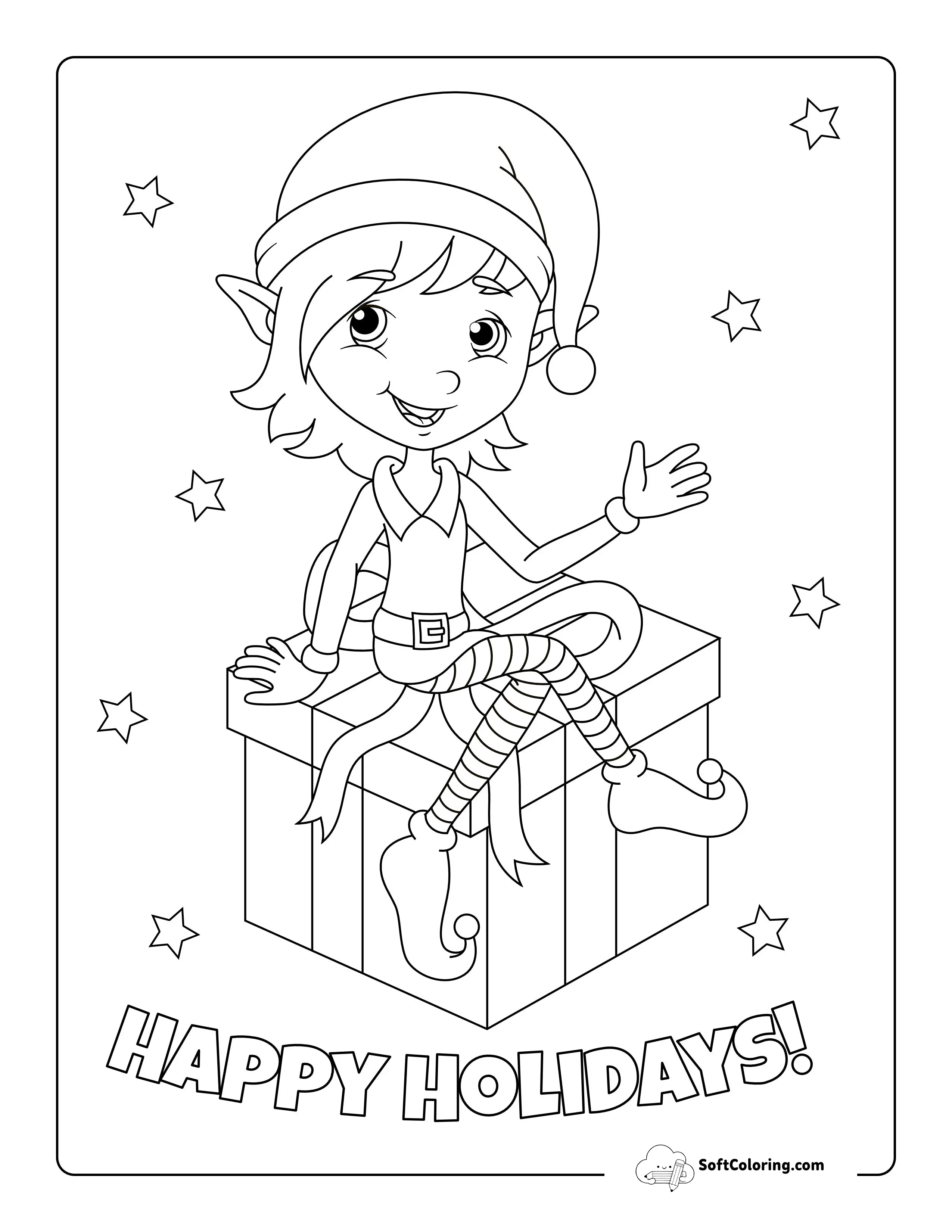 "Happy Holidays" Elf Coloring Page