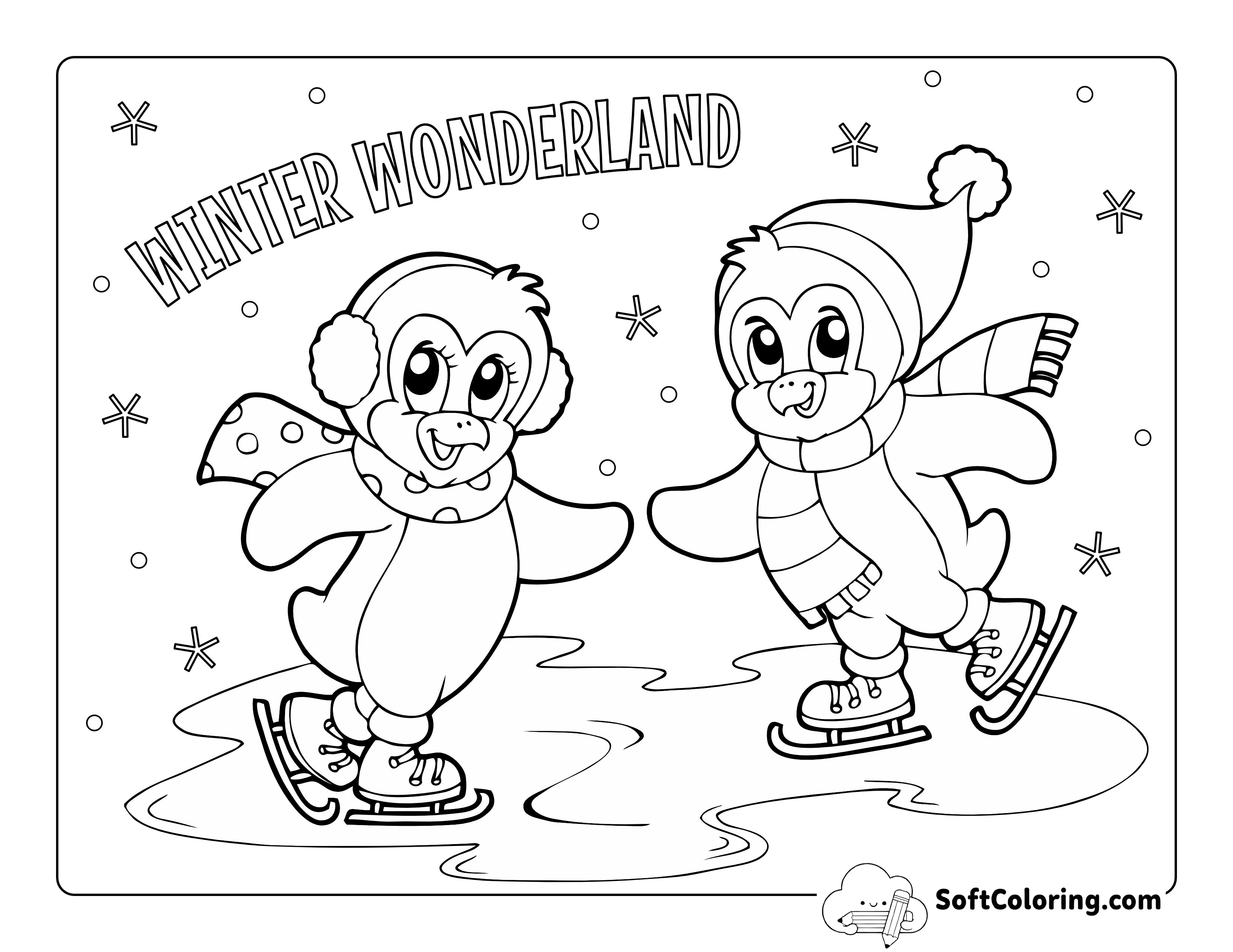 Easy Ice-Skating Penguins Coloring Sheet