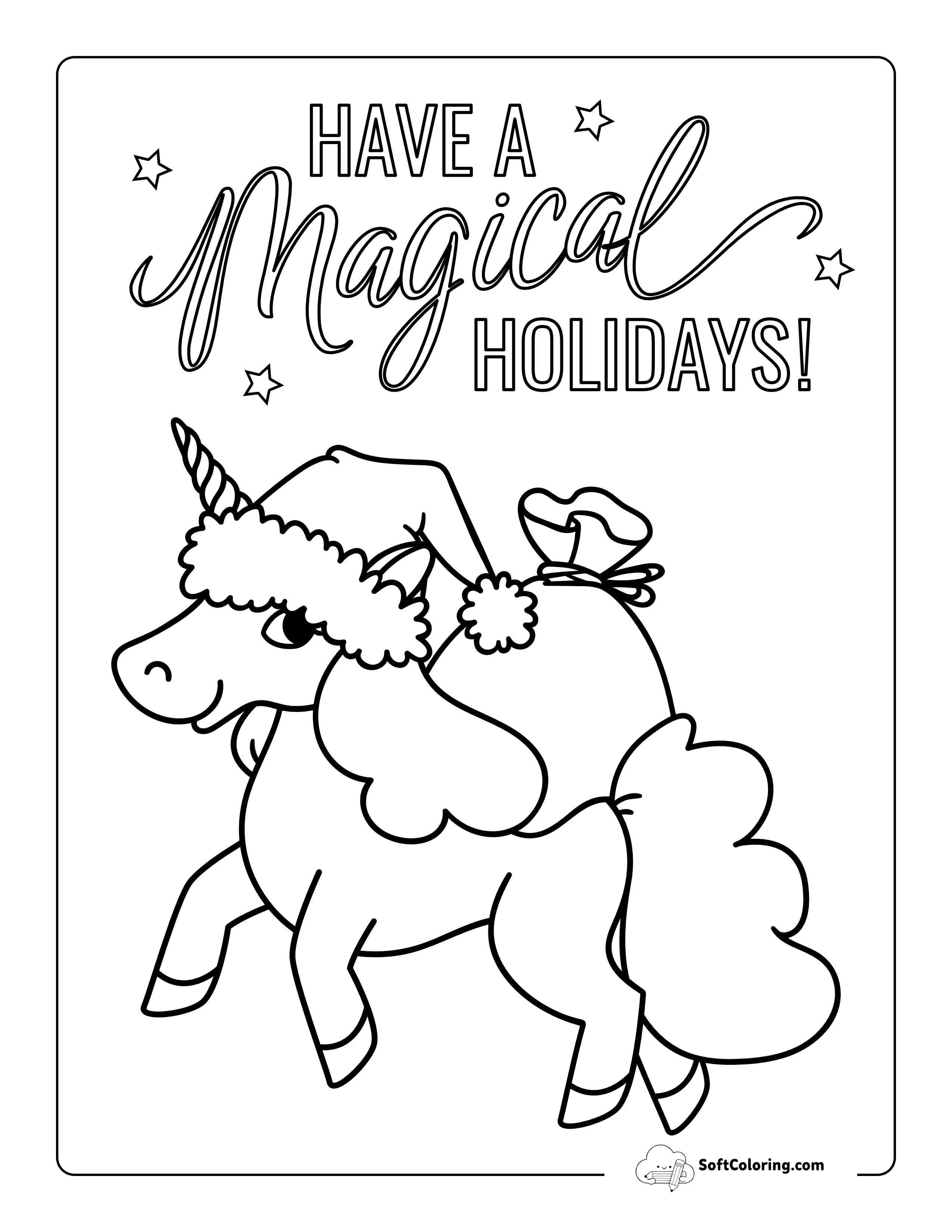 Cute Unicorn With Santa Hat To Color