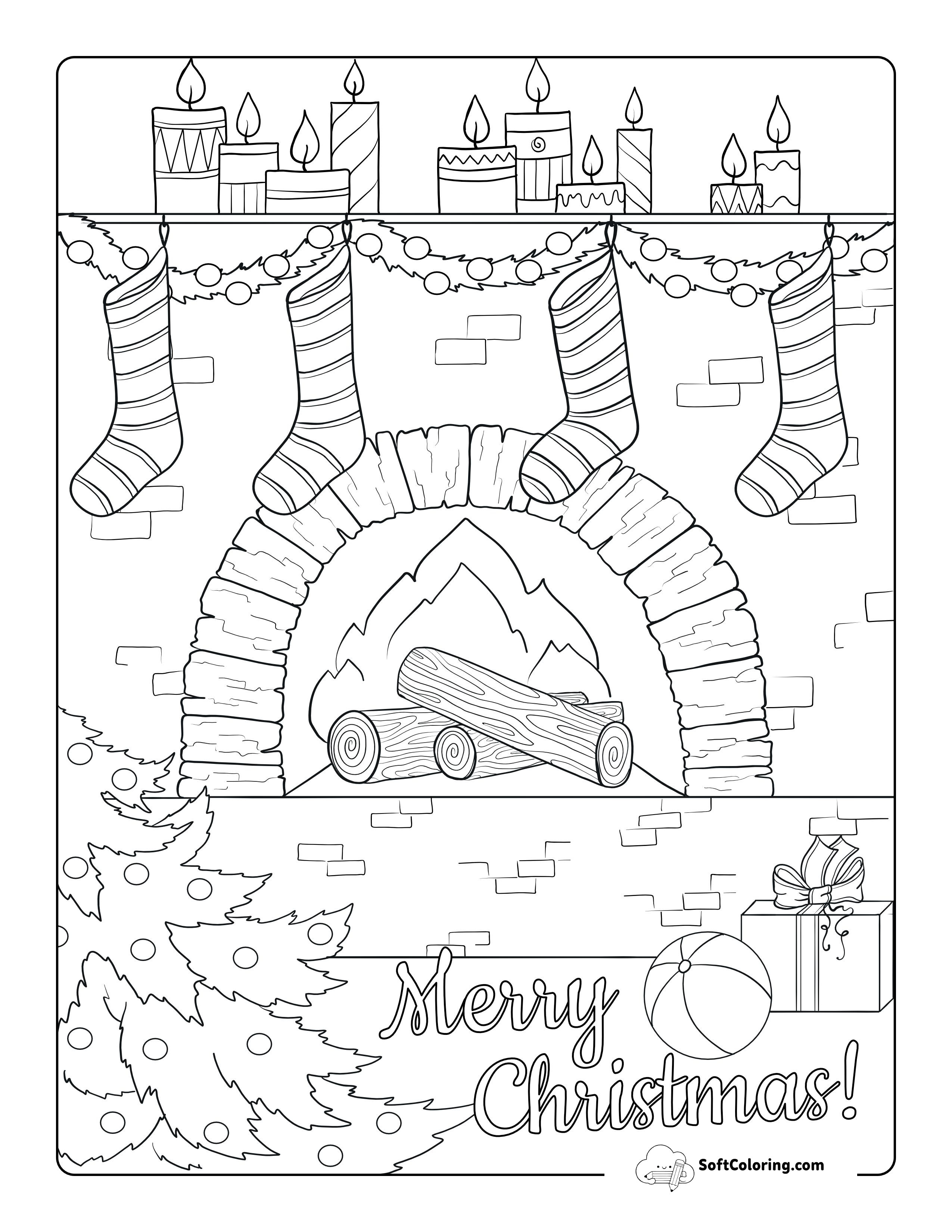 Christmas Fireside With Stockings Coloring Page