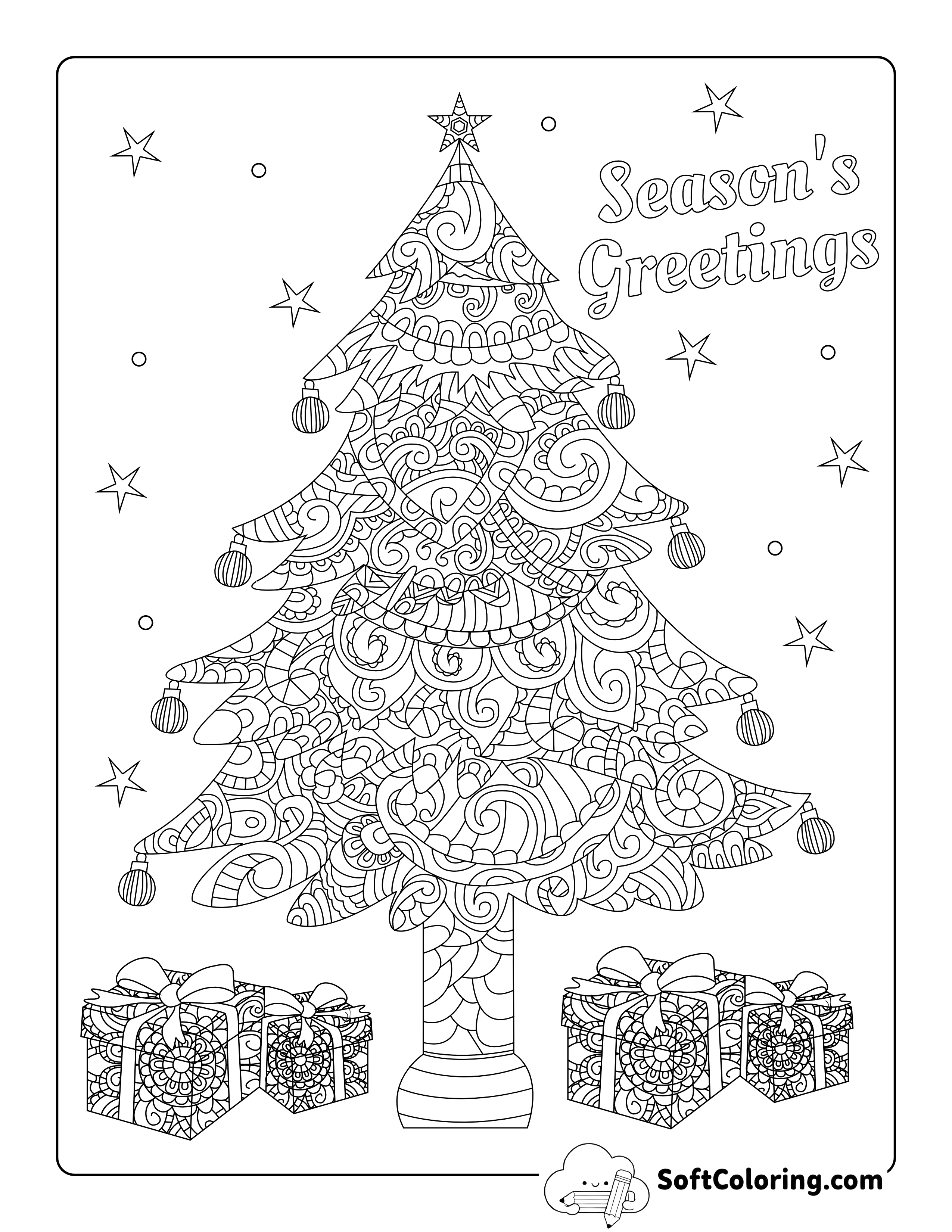 Decorated Christmas Tree Coloring Page for Adults