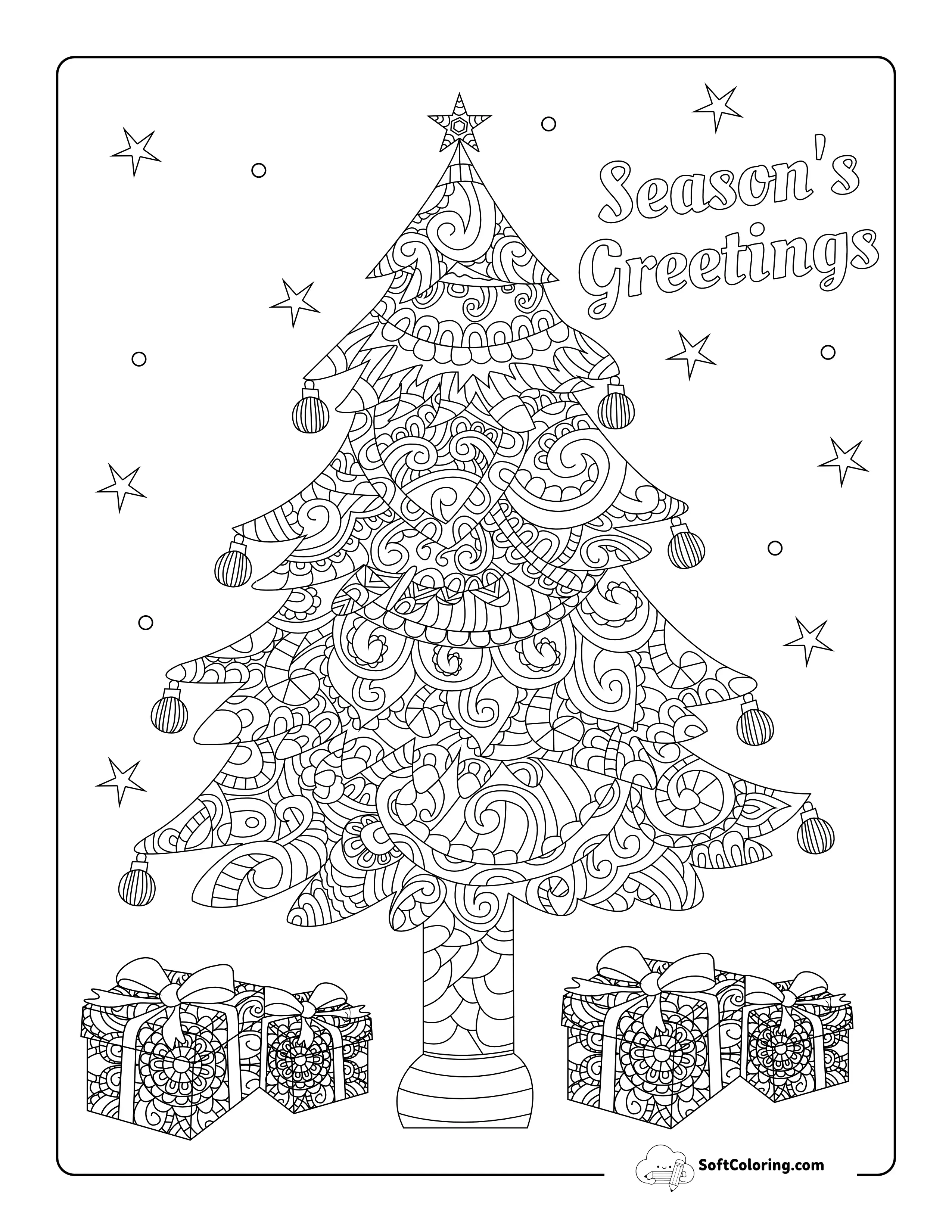 Decorated Christmas Tree Coloring Page For Adults