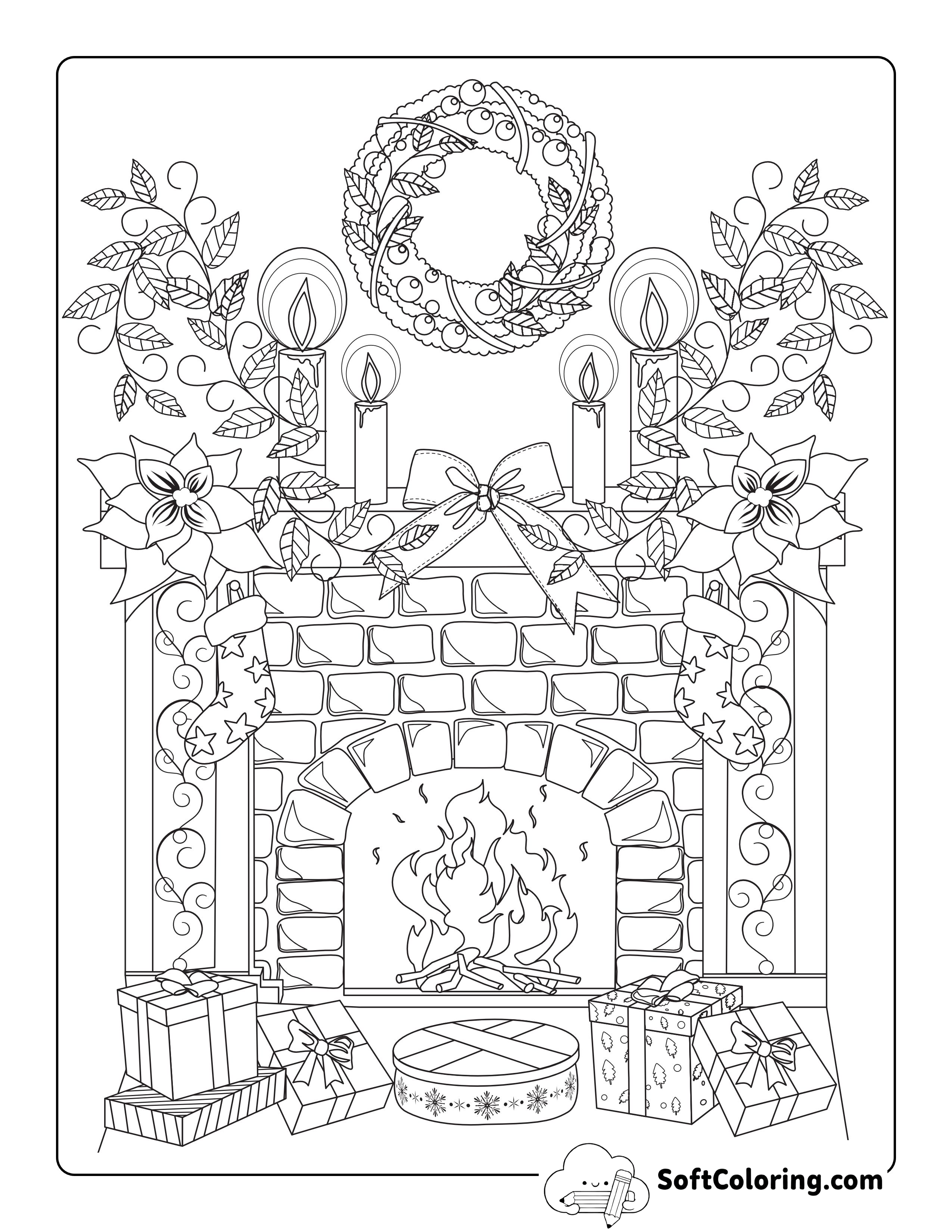 Free Printable Christmas Fireside Picture to Color