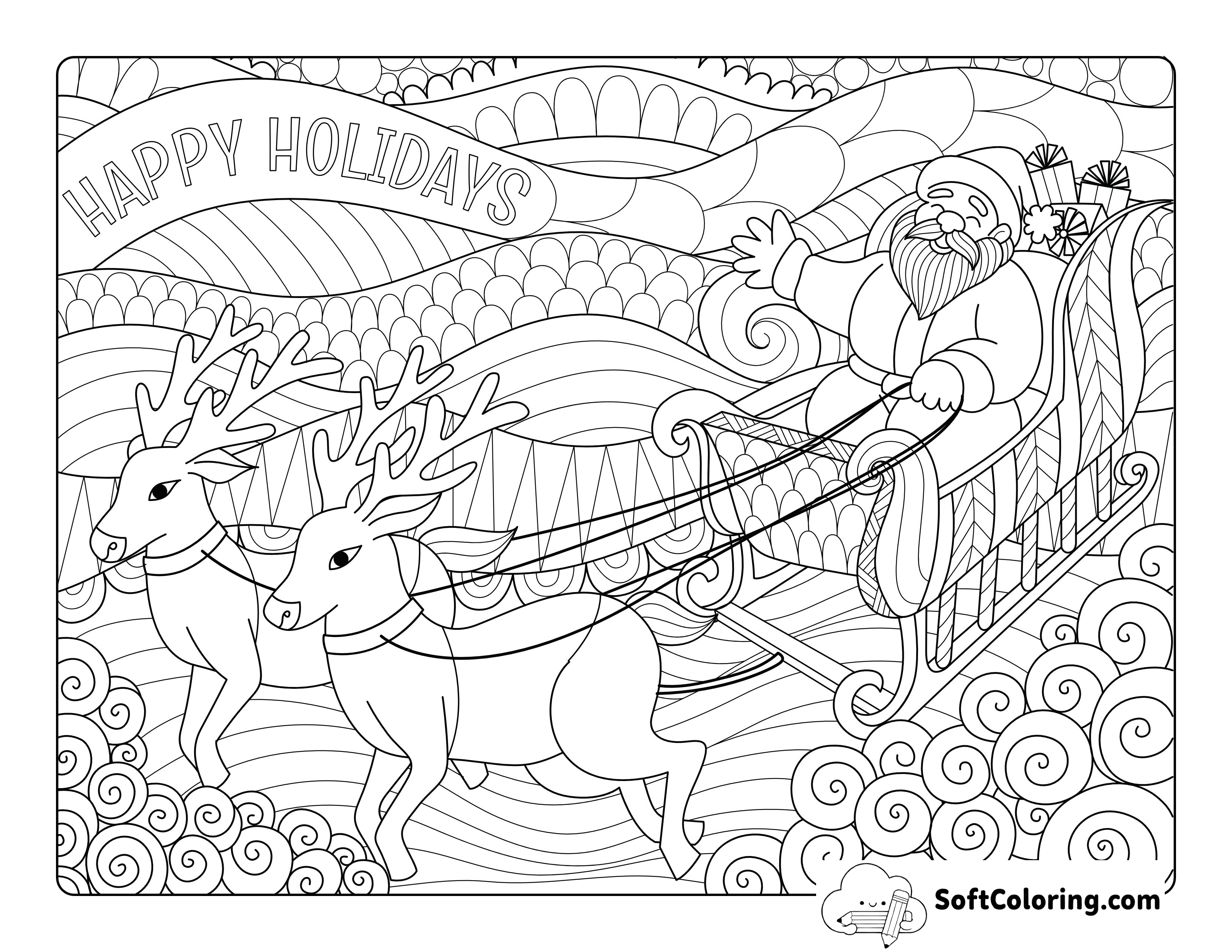 Father Christmas with Reindeer Zentangle to Color