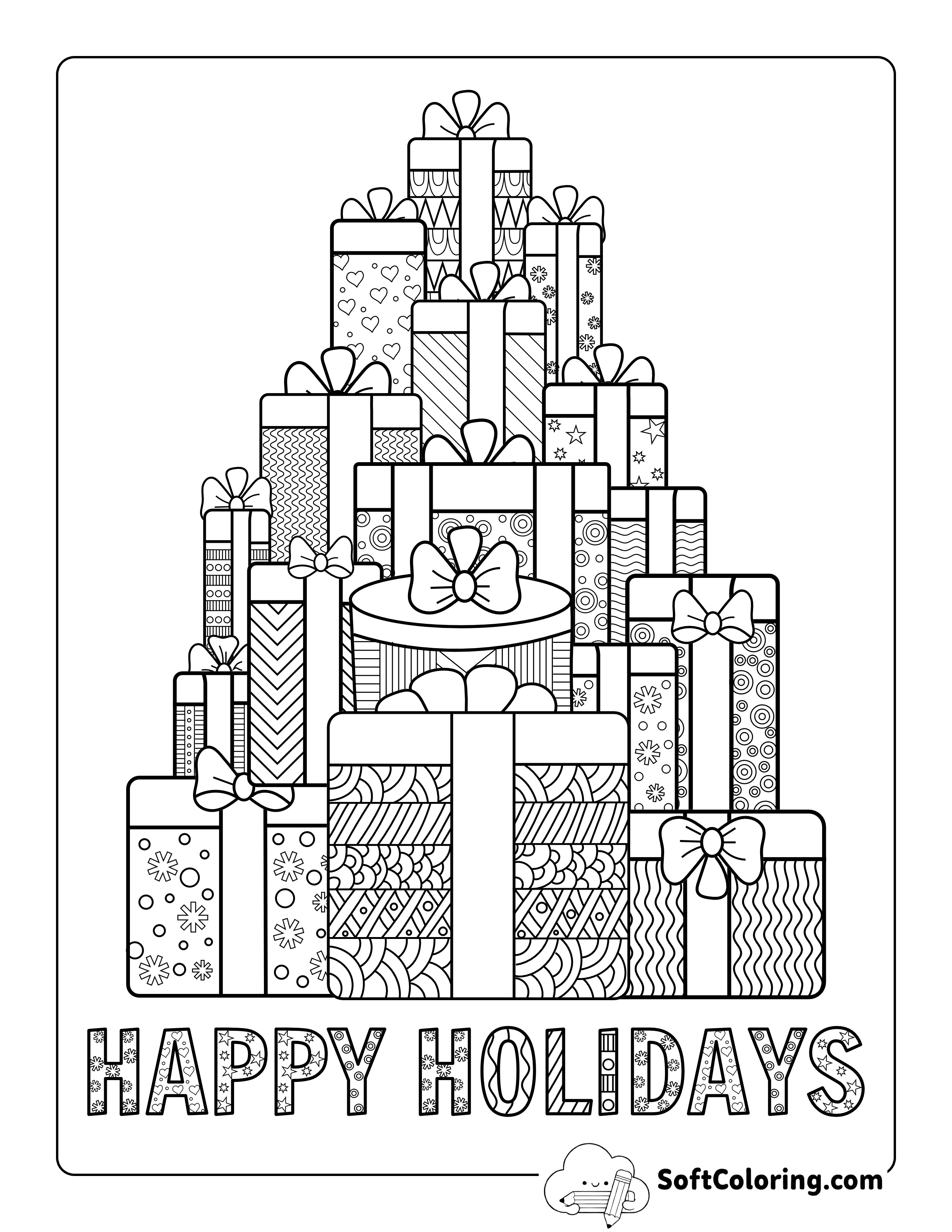 "Happy Holidays" Gifts Coloring Sheet for Adults